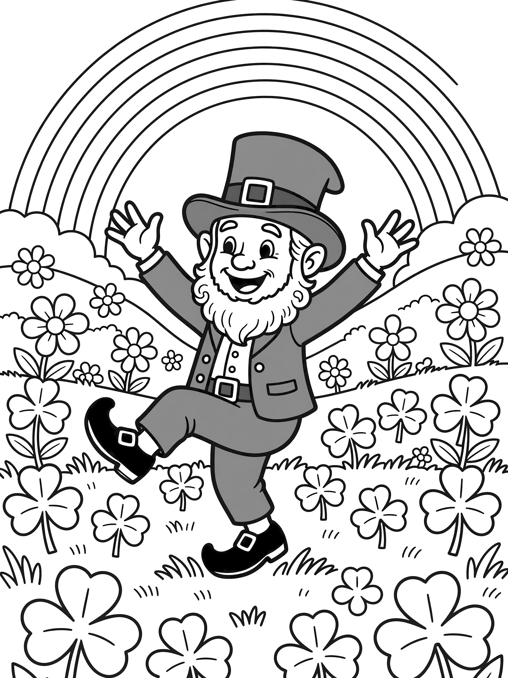 Black and white line art of a leprechaun in green hat and clothes dancing an Irish jig amid shamrocks, clovers, daisies, and a rainbow over hills.