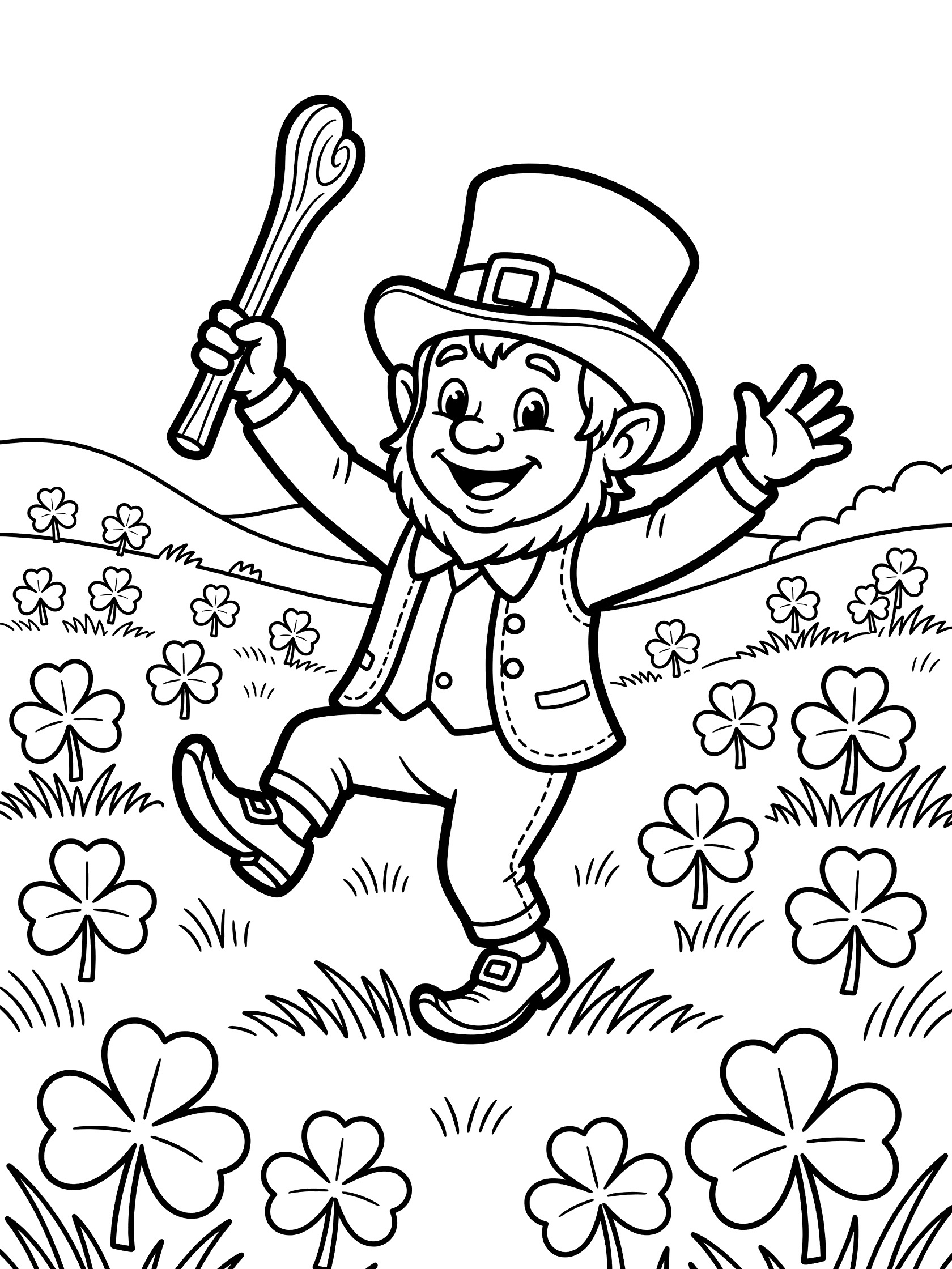 Leprechaun in green hat and buckled shoes dancing with shillelagh amid shamrocks in sunny meadow coloring page