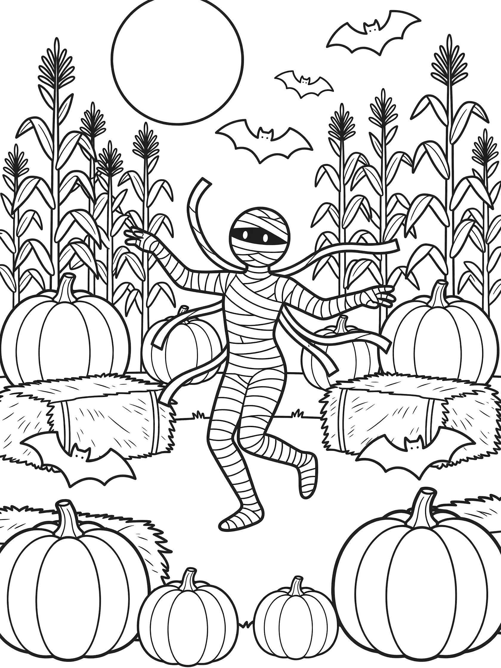 Line art coloring page showing a mummy twirling in a moonlit pumpkin patch with cornstalks, oversized pumpkins, hay bales, and bats.