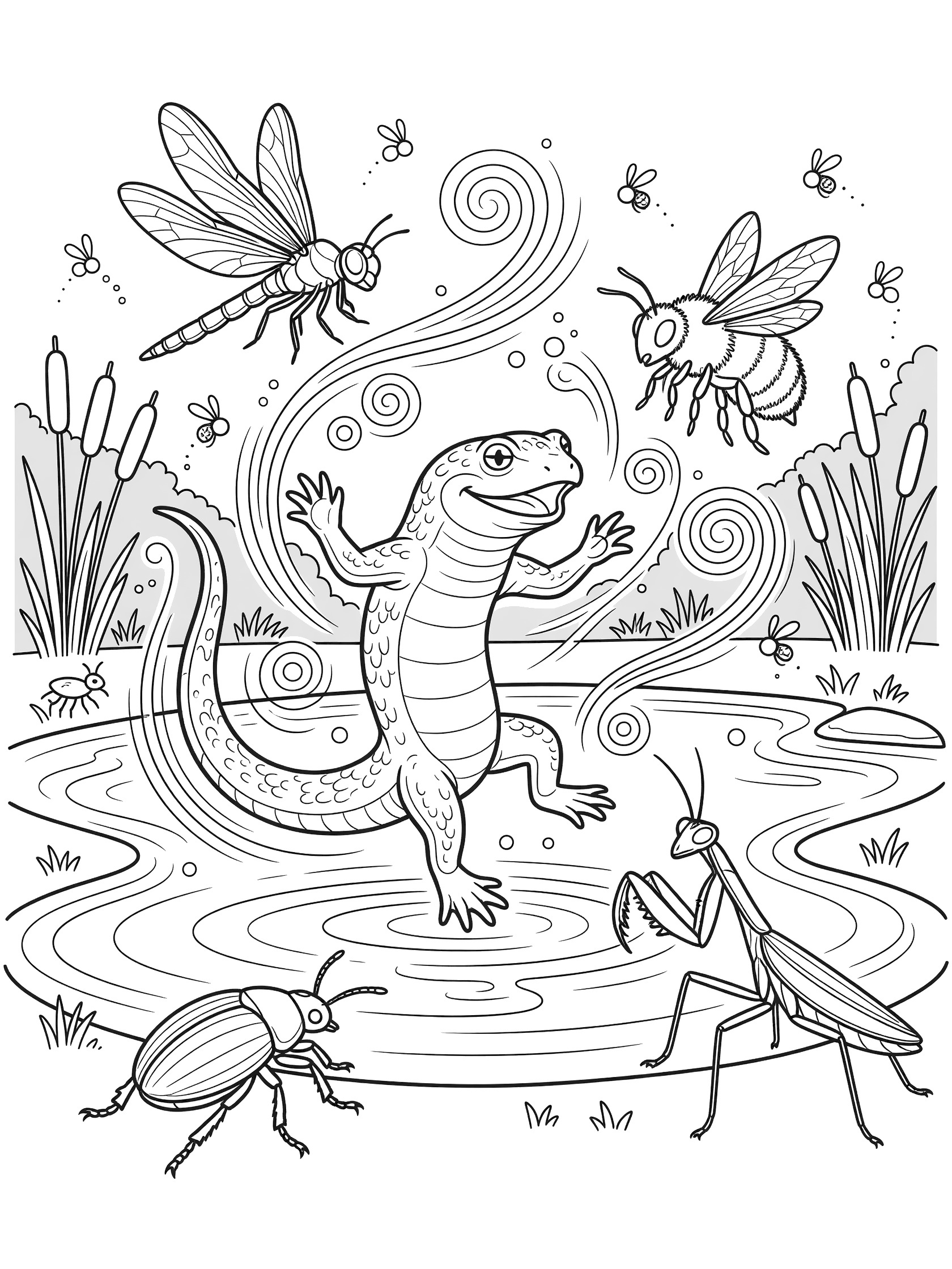 Black and white line art coloring page showing a happy newt dancing with flying dragonflies, bees, a beetle, and praying mantis near a pond with reeds and motion swirls.