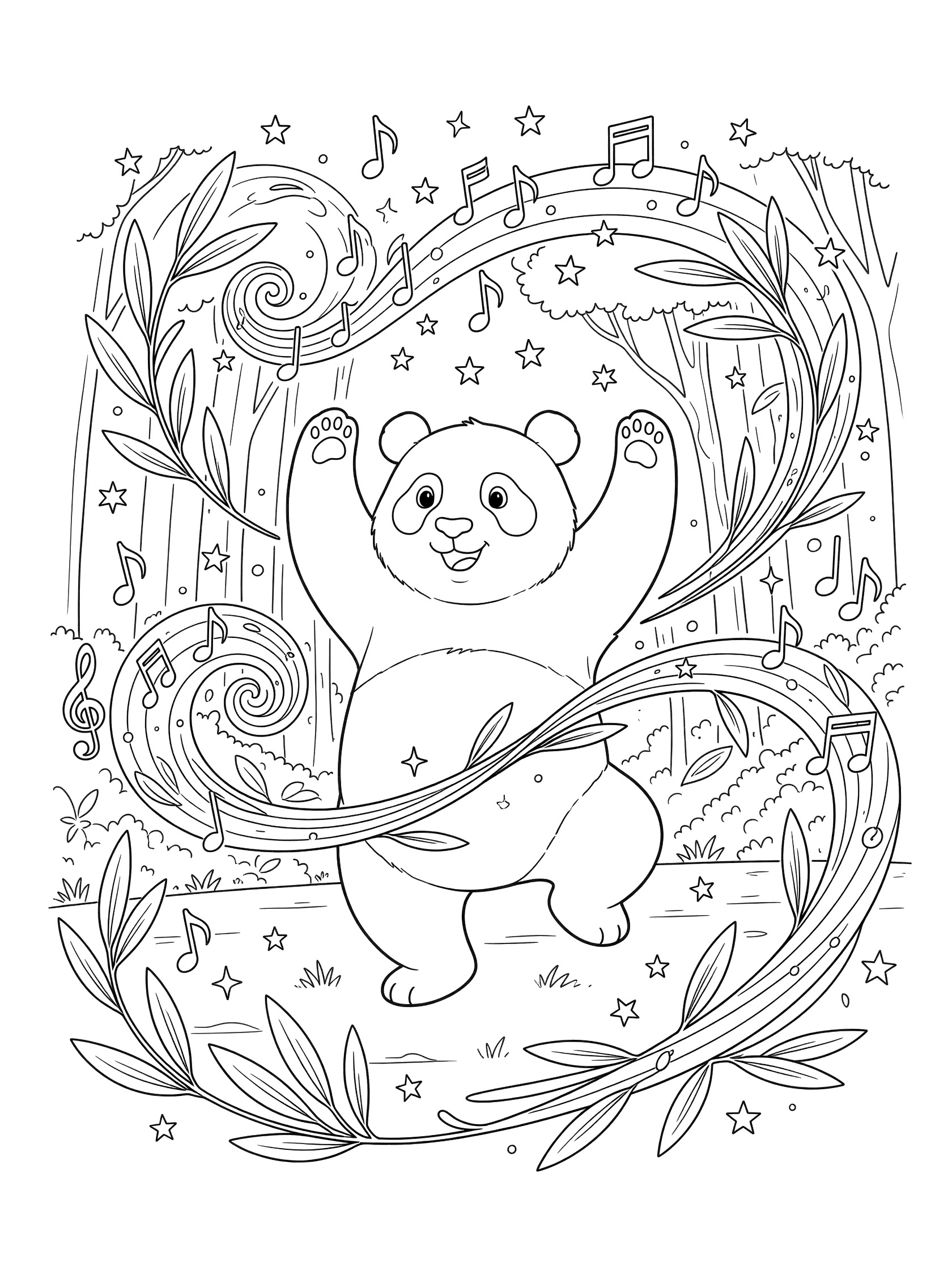 Black and white line art coloring page showing a panda bear dancing with raised paws amid swirling music notes, stars, and leaf patterns.