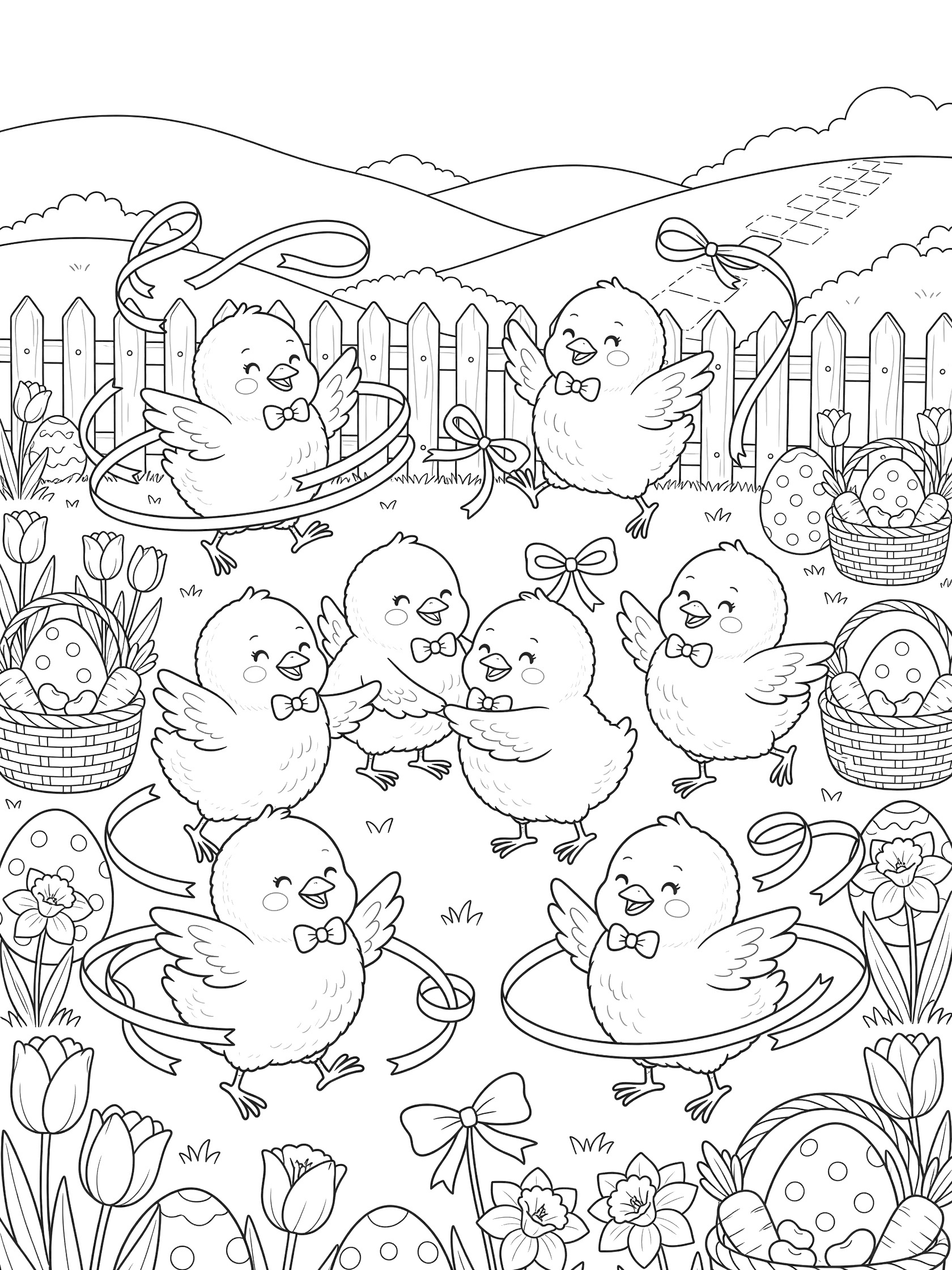 Line art coloring page showing six Peeps chicks dancing happily with wings out, ribbons, tulips, daffodils, Easter eggs, baskets, fence and hills.
