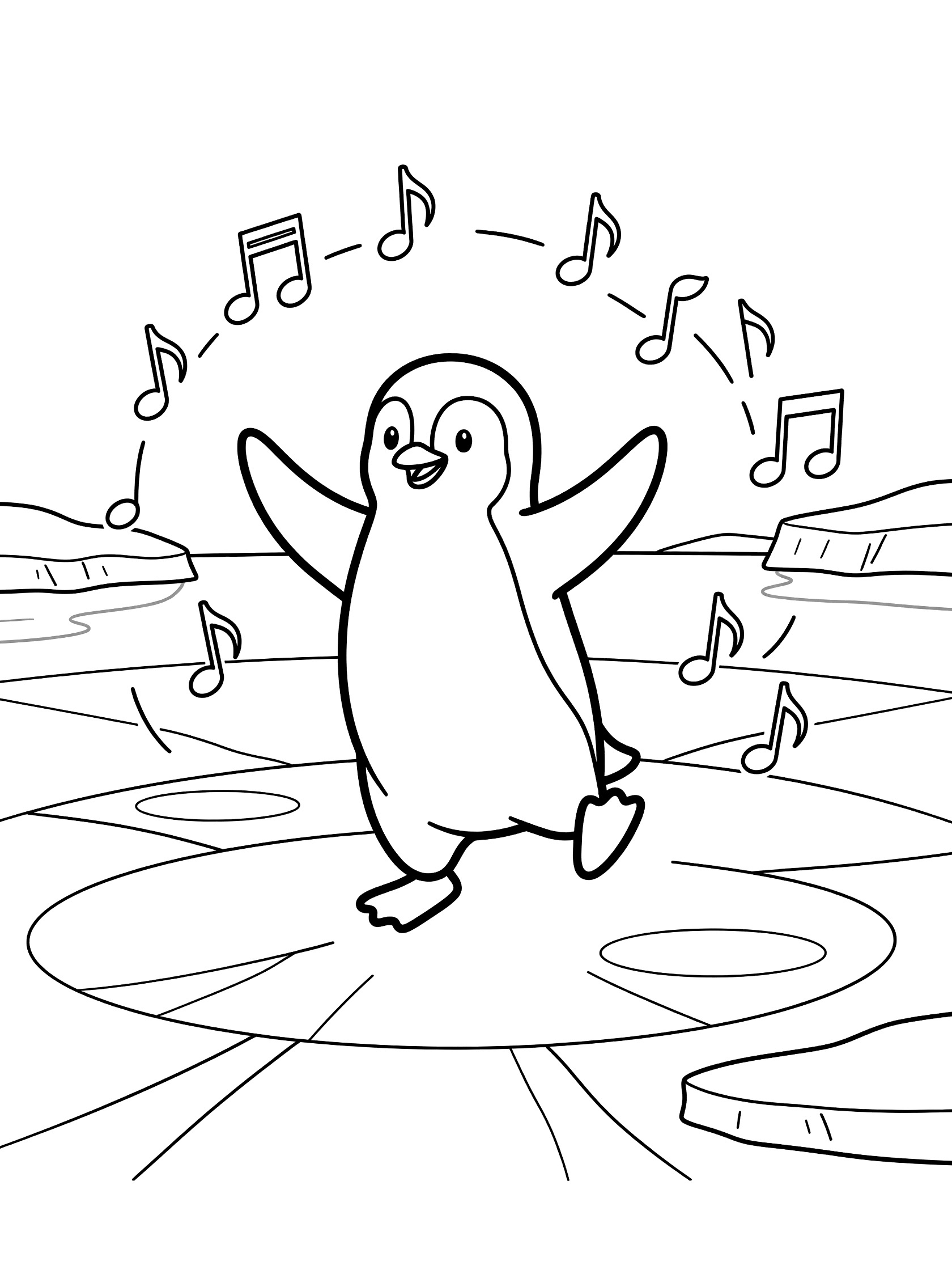 Black and white line art of a happy penguin dancing with flippers out, foot lifted on icy floor, musical notes floating around, coloring page