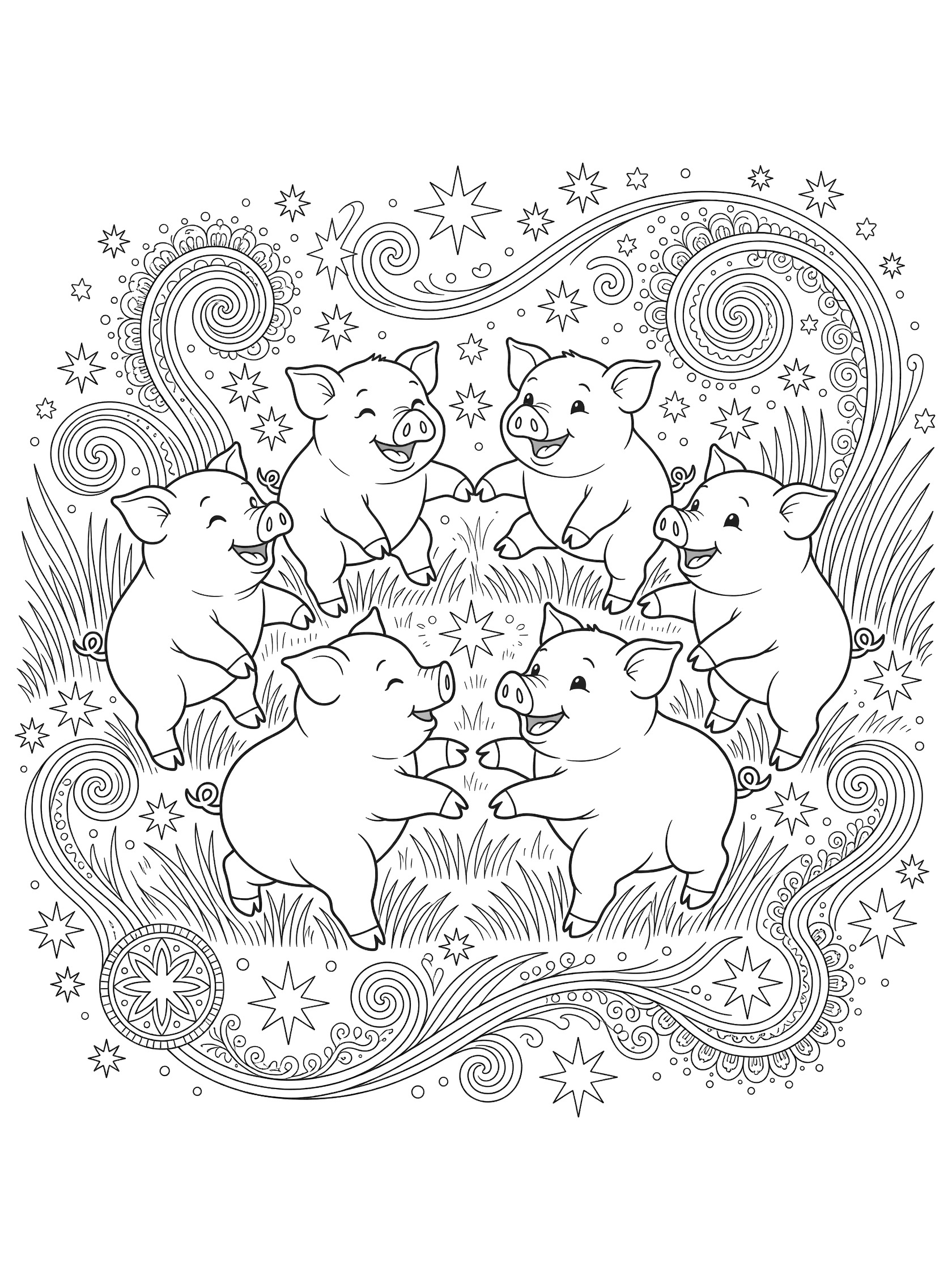 Black and white line art coloring page showing six cute piglets holding hooves in a joyful dance circle surrounded by swirling grass and stars.