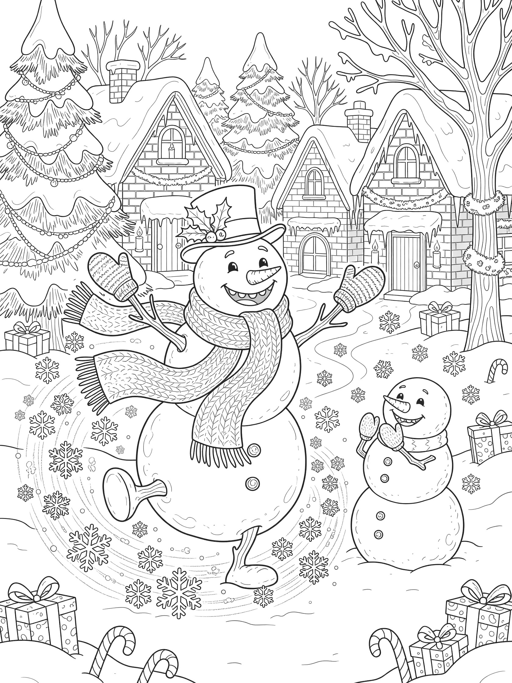 Line art coloring page showing a large snowman twirling and dancing with arms wide, red scarf and top hat, next to a small clapping snowman, in a festive Christmas village with snow-covered trees and houses.