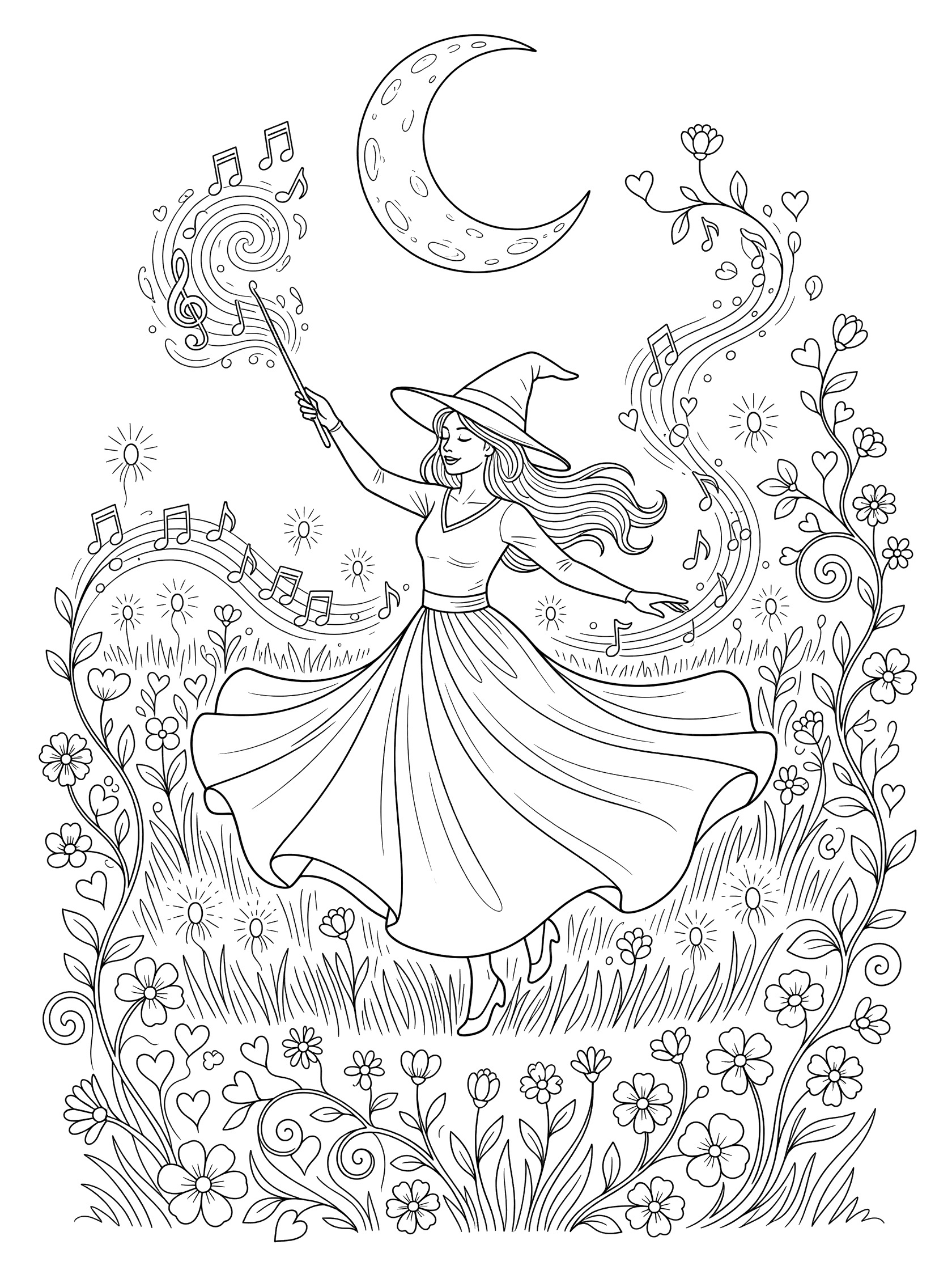 Black and white line art coloring page showing a witch in a flowing dress twirling with a wand that has musical notes, a big moon, swirling stars, flowers, and vines in a meadow. Beautiful Witches themed black and white printable line art
