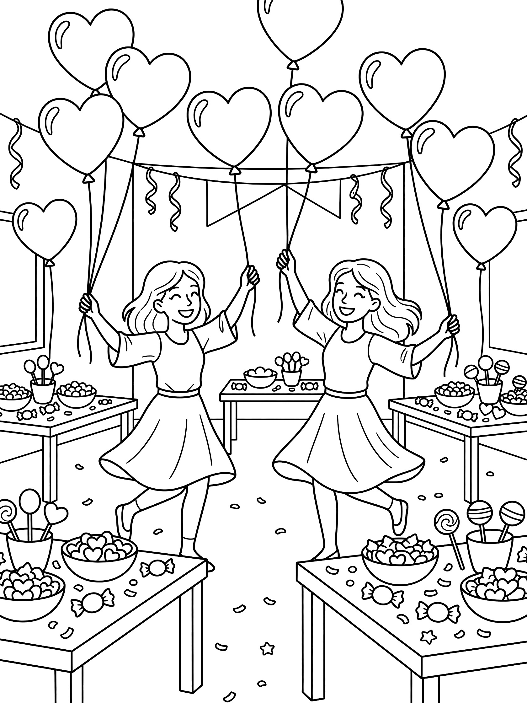 Two girls in dresses twirling and dancing while holding strings of heart-shaped balloons at a Valentine's Day party with candy tables and confetti.