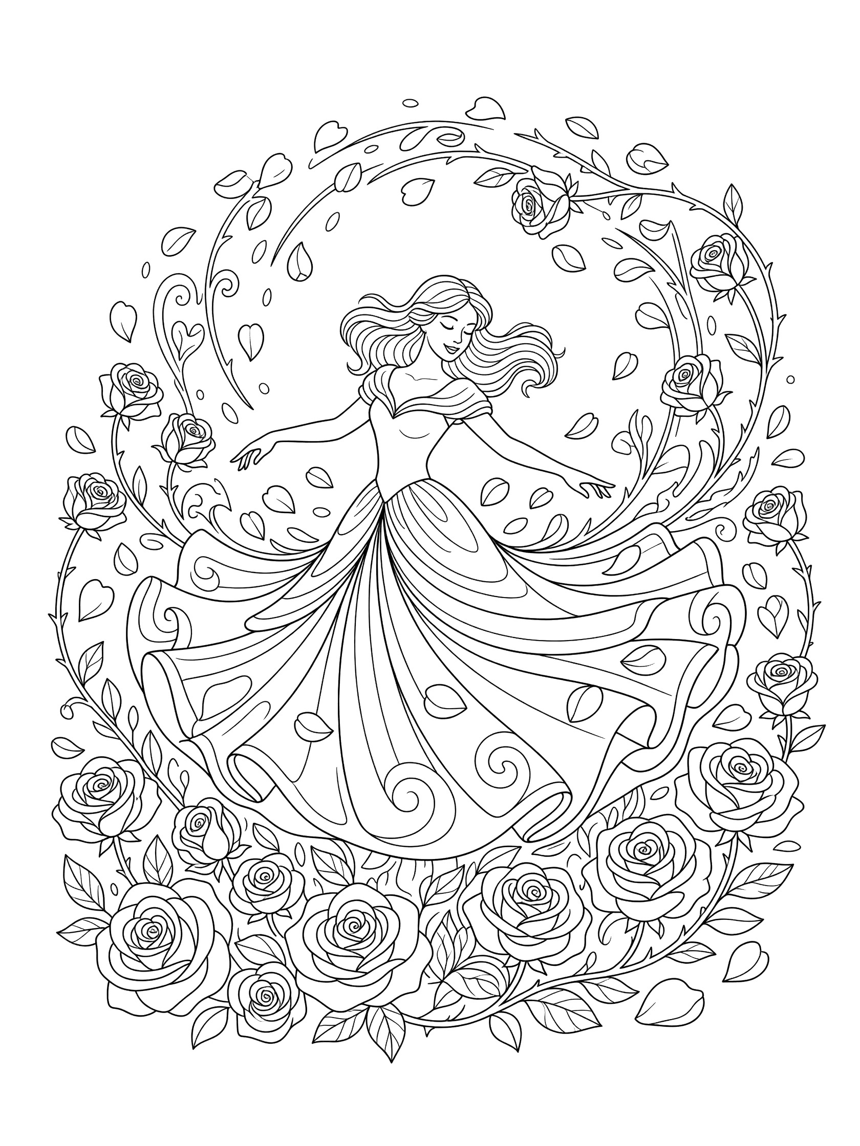 Black and white line art coloring page showing a woman in a twirling dress surrounded by roses, stems, and floating petals.
