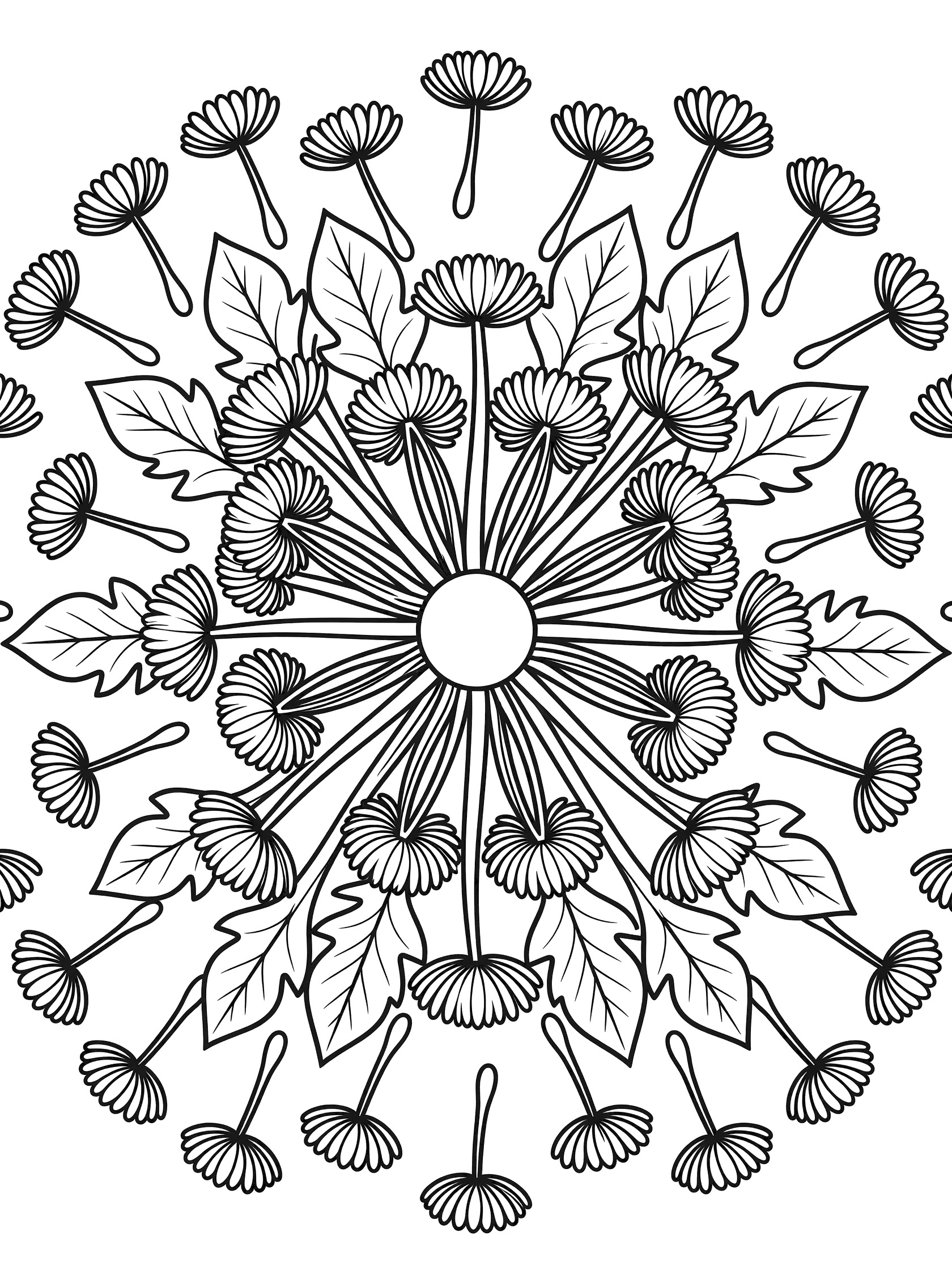 Black and white printable coloring page of a circular dandelion mandala with many flower heads, stems, and leaves