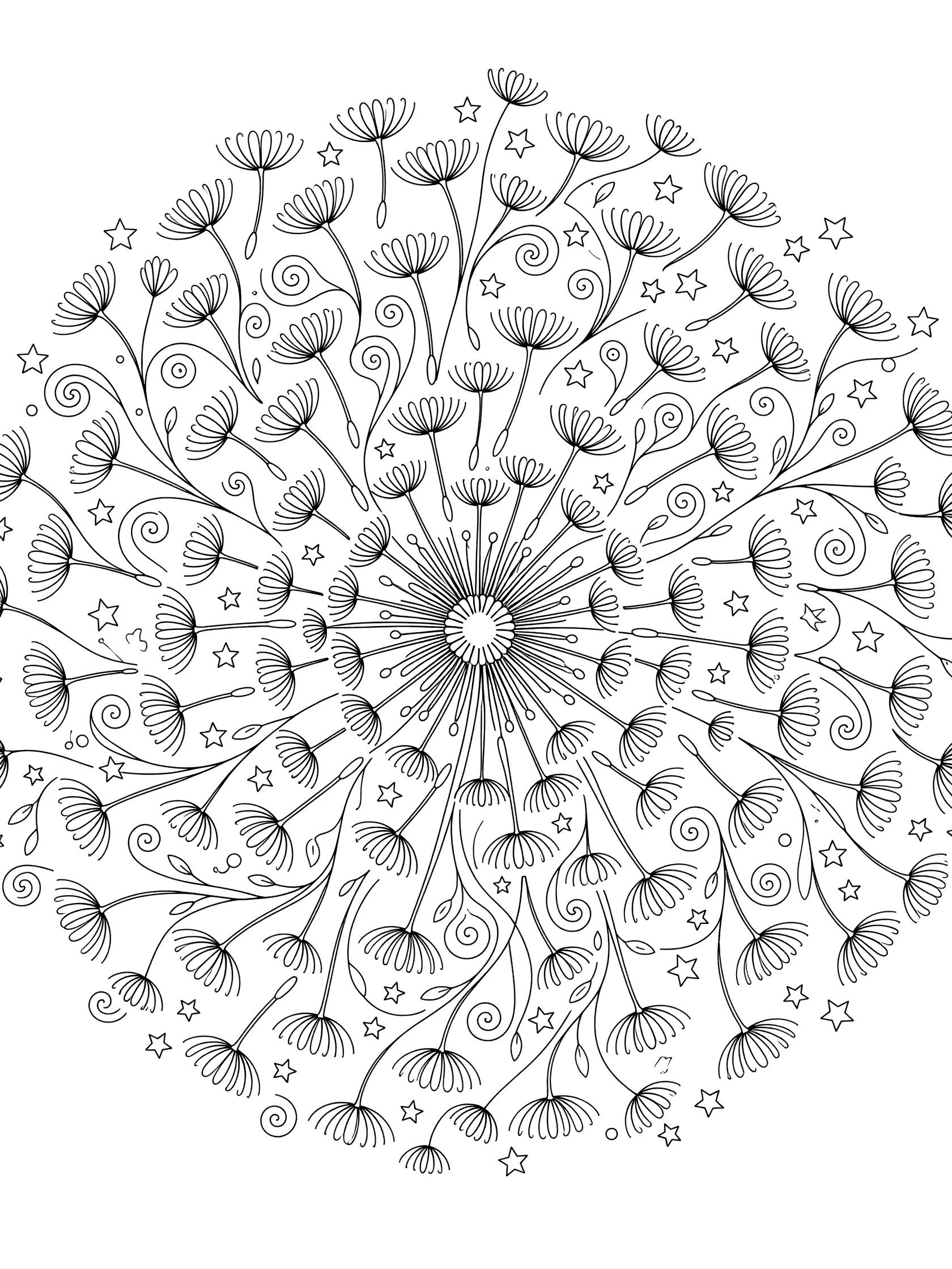 Symmetrical black-and-white Dandelion Mandala coloring page featuring a central puff with seeds, vines, stars, and leaf patterns radiating outward.