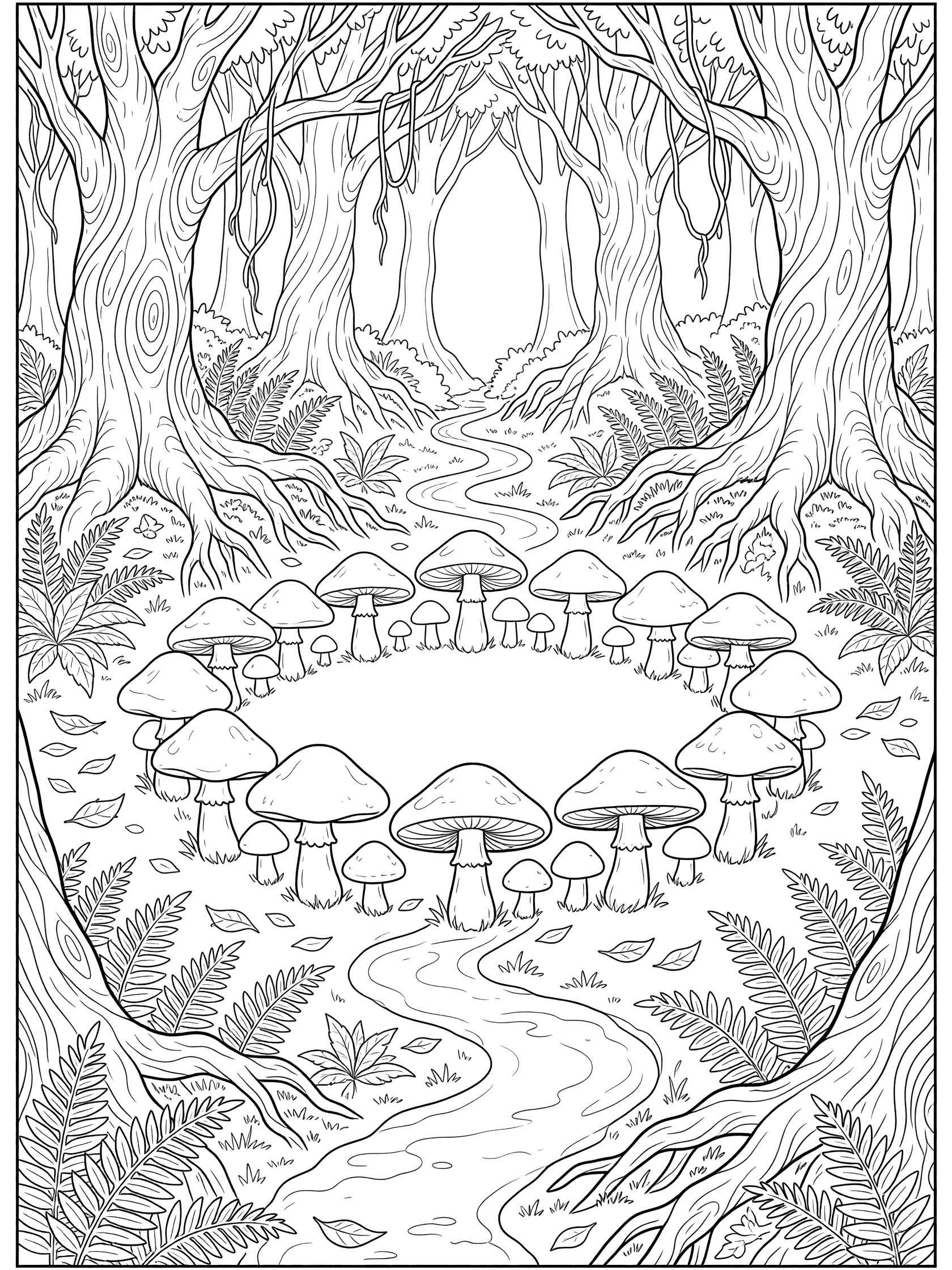 Black and white line art coloring page of a mushroom circle in a dark forest with toadstools, gnarled trees, vines, ferns, fallen leaves, and a path