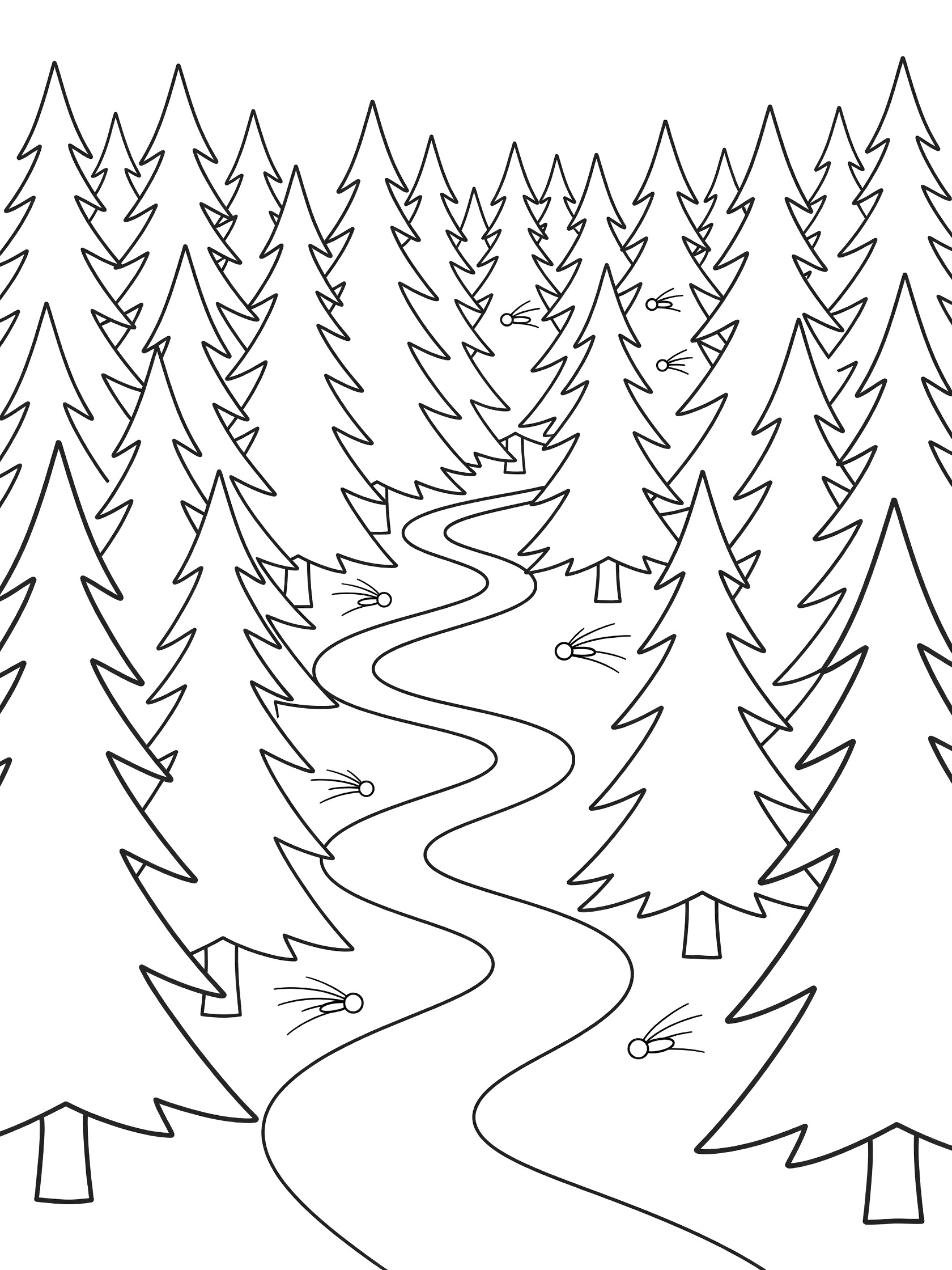 Line art coloring page showing a dark forest with angular pine trees in layers, simple geometric fireflies with tails, and a winding path to a clearing.