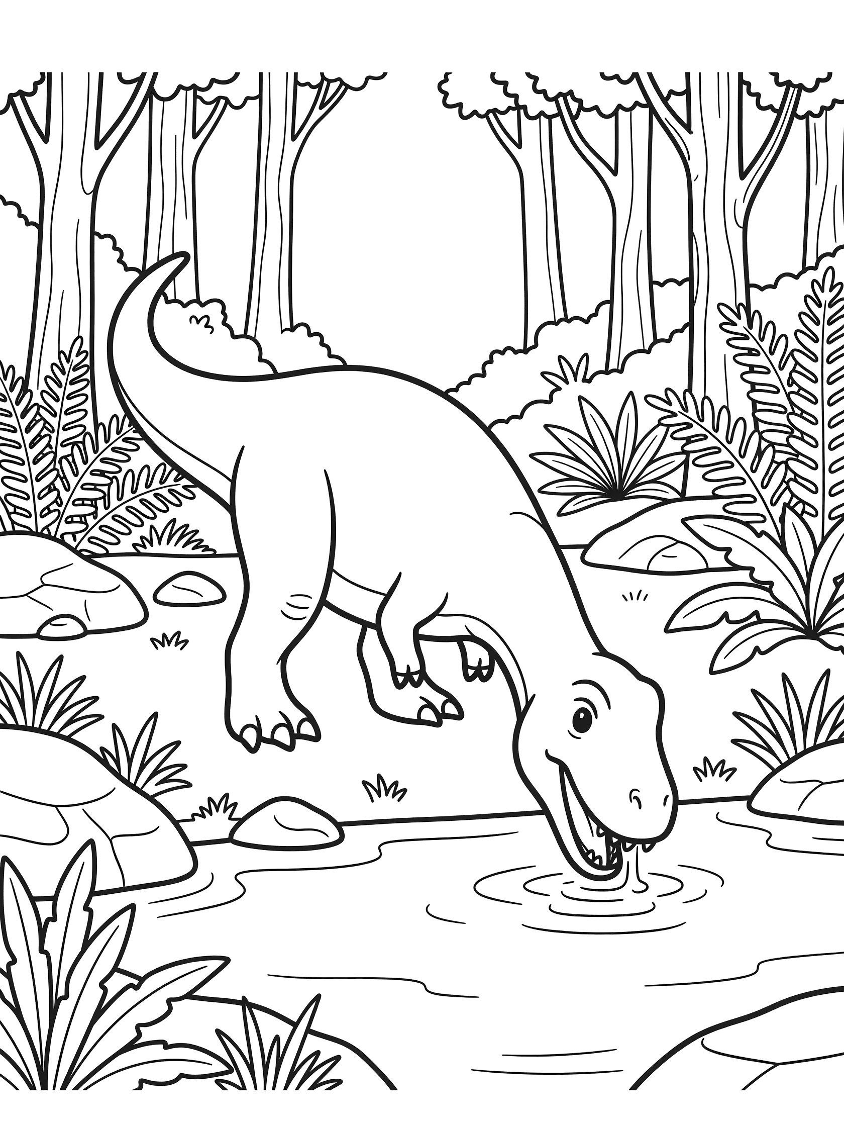 Line art coloring page showing a Daspletosaurus dinosaur with large head and short arms drinking from a rippling river, surrounded by lush ferns, rocks, and tall trees in a forest background.