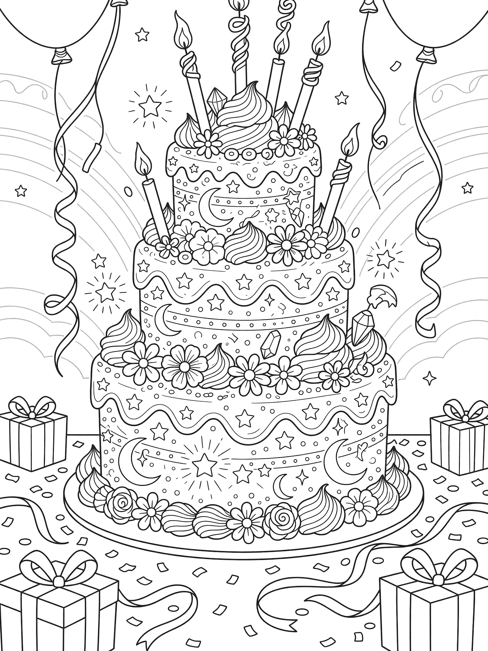 Whimsical line art coloring page featuring a decorated multi-tiered birthday cake topped with candles, surrounded by balloons, gift boxes, stars, moons, and confetti.