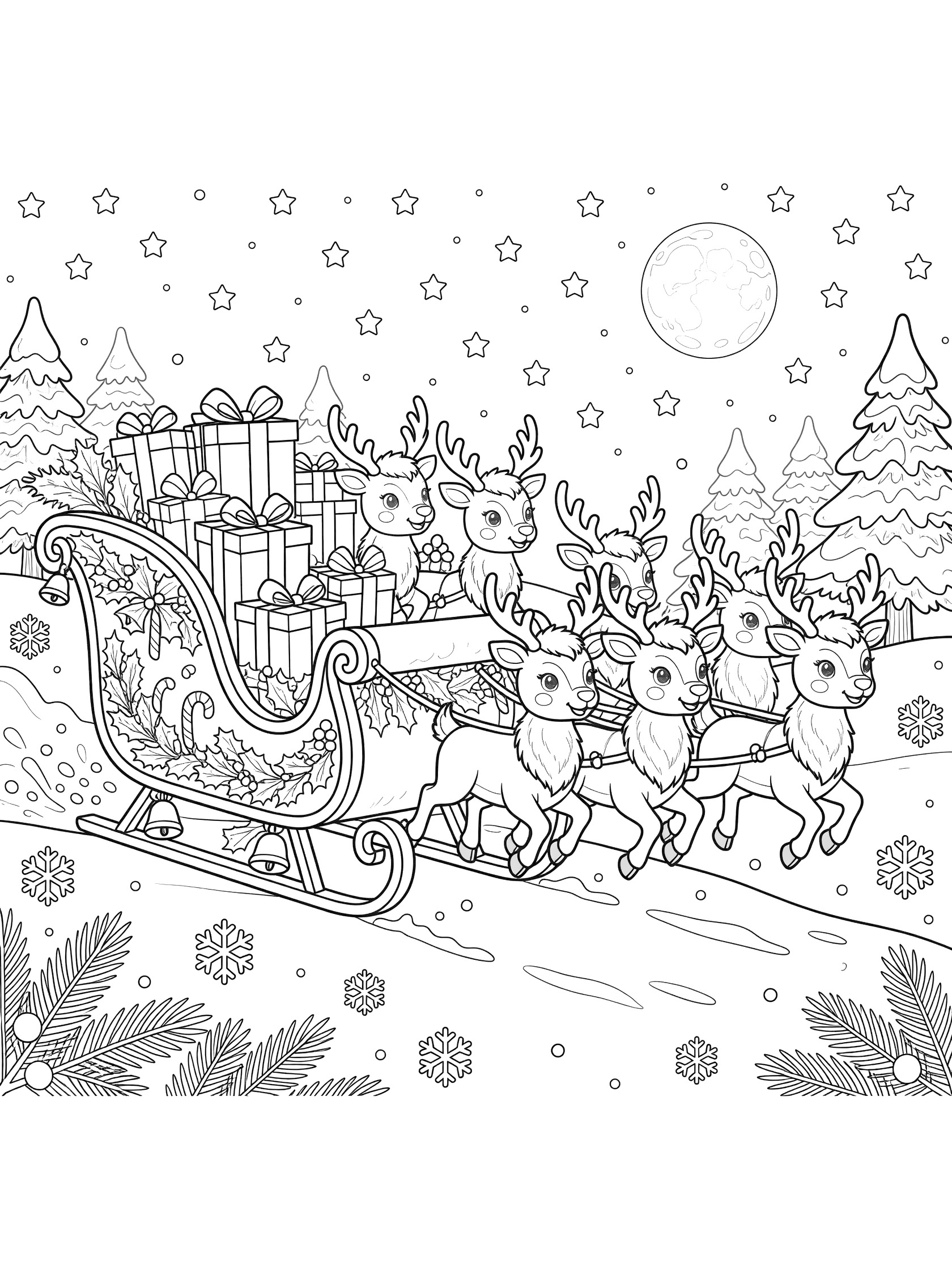 Detailed line art coloring page showing a sleigh packed with ribbon-wrapped gifts, eight adorable reindeer with fluffy antlers gliding over snowy hill, holly garlands, bells, starry night sky, moon, and pine trees.