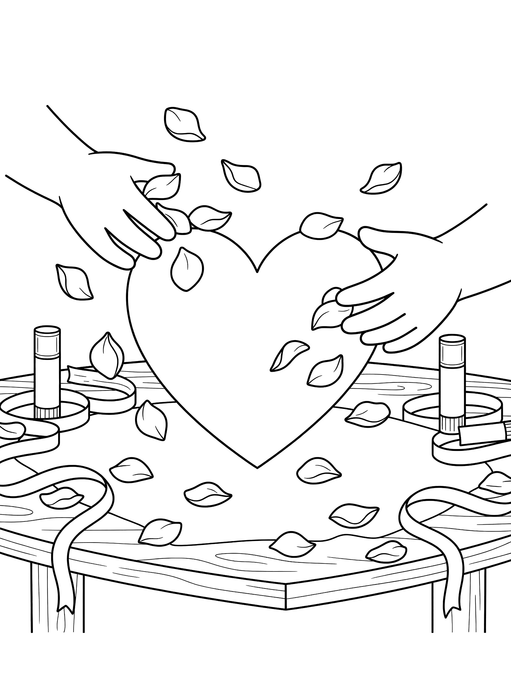 Coloring page showing hands placing rose petals on a large heart shape with glue sticks and ribbons on a craft table for Valentine's Day