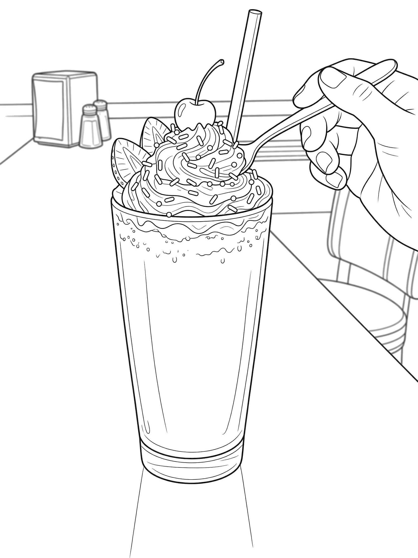 Line art coloring page showing a hand using a spoon to decorate a tall glass milkshake with whipped cream, sprinkles, cherry and strawberry slices on a diner counter with straw inserted