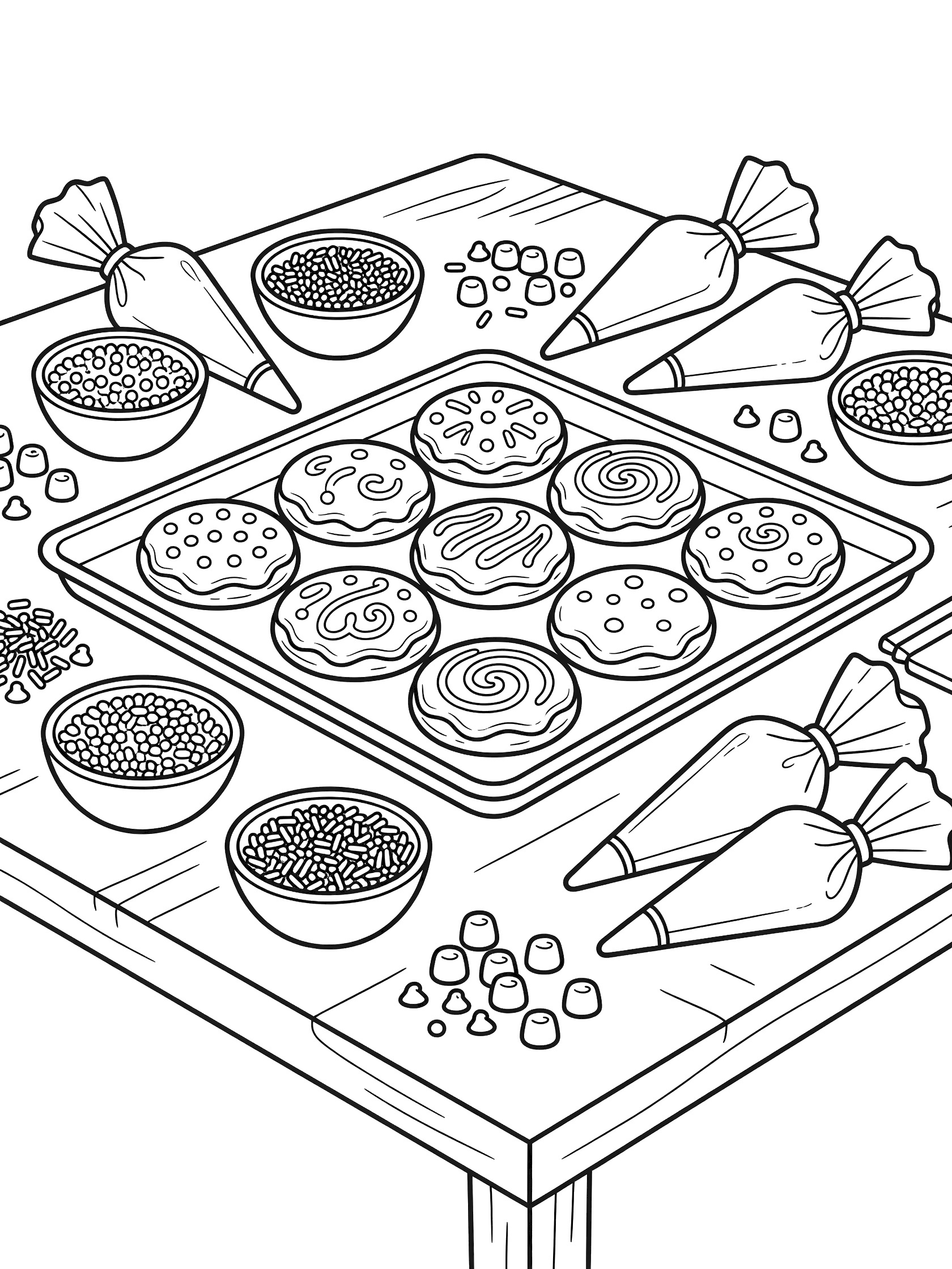 Printable coloring page showing a tray of round cookies with white icing, bowls of sprinkles, piping bags, and candy pieces on a table for decoration