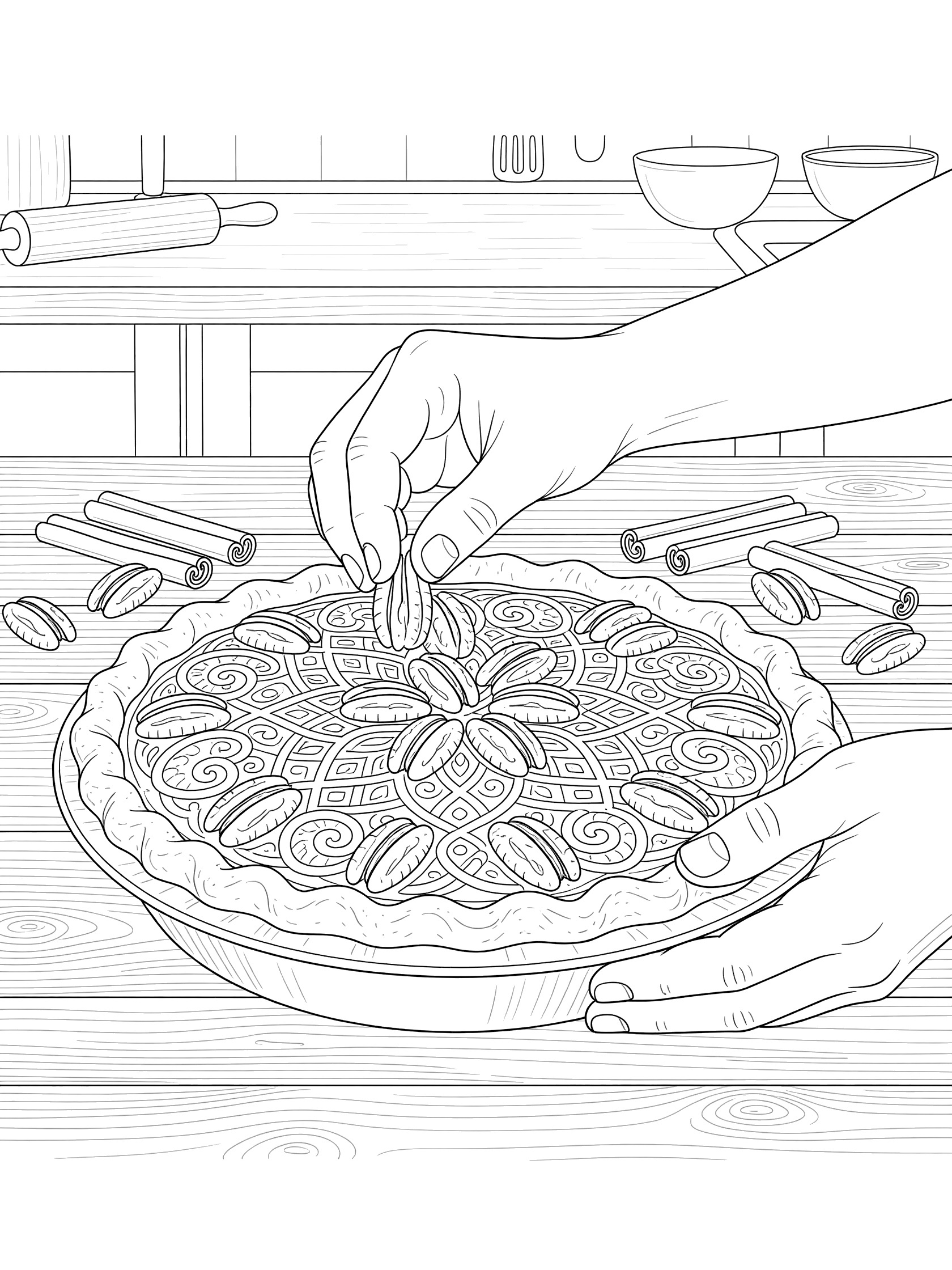 Black and white line art of pumpkin pie topped with pecans and cinnamon sticks, hands arranging nuts in a Thanksgiving kitchen scene.