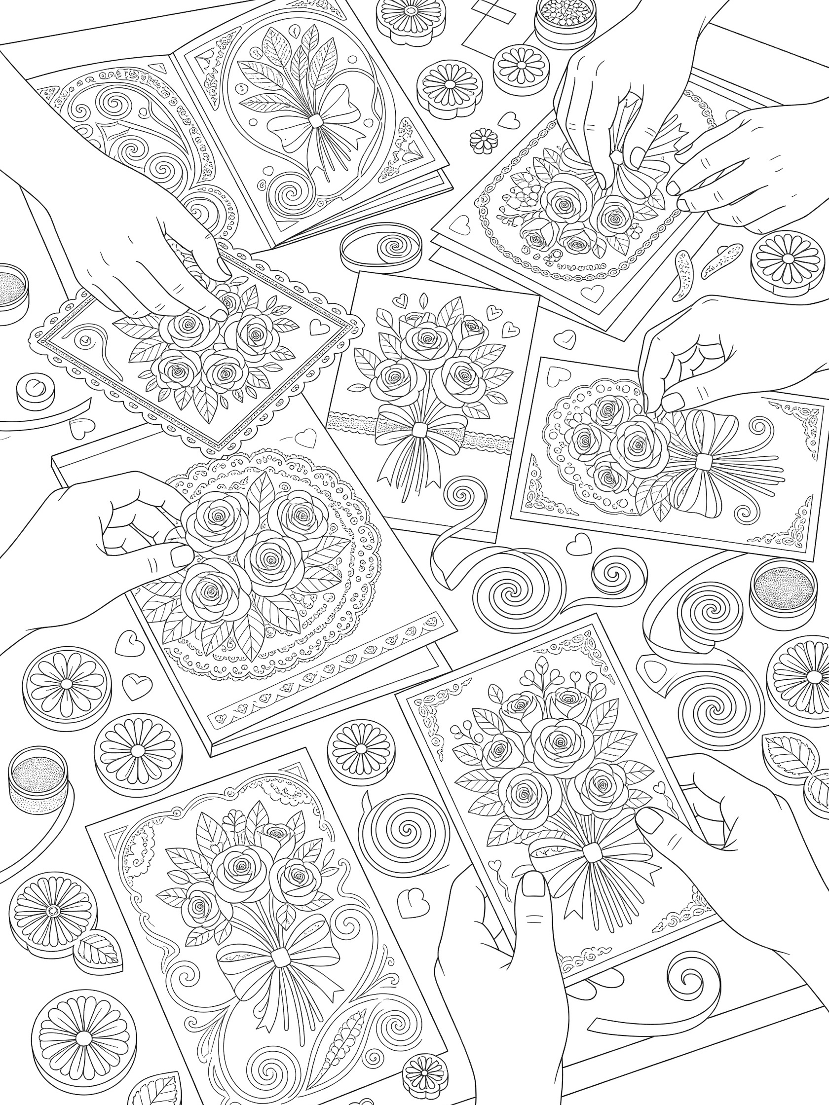 Coloring page showing hands adorning multiple Valentine's cards with elaborate flower bouquets, bows, lace borders, and vines on a cluttered table with floral stamps and glitter pots.
