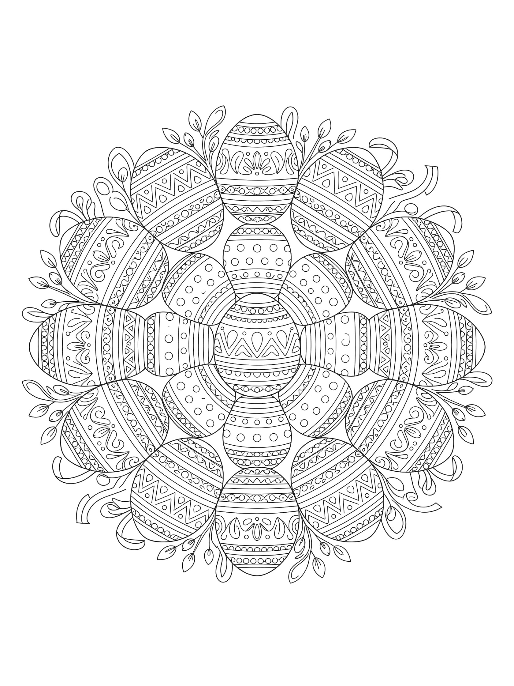 Symmetrical circular wreath coloring page featuring decorative Easter eggs with floral vines, zigzags, polka dots, stripes, and lace borders, woven with spring leaves, twigs, and ribbons on a white background.
