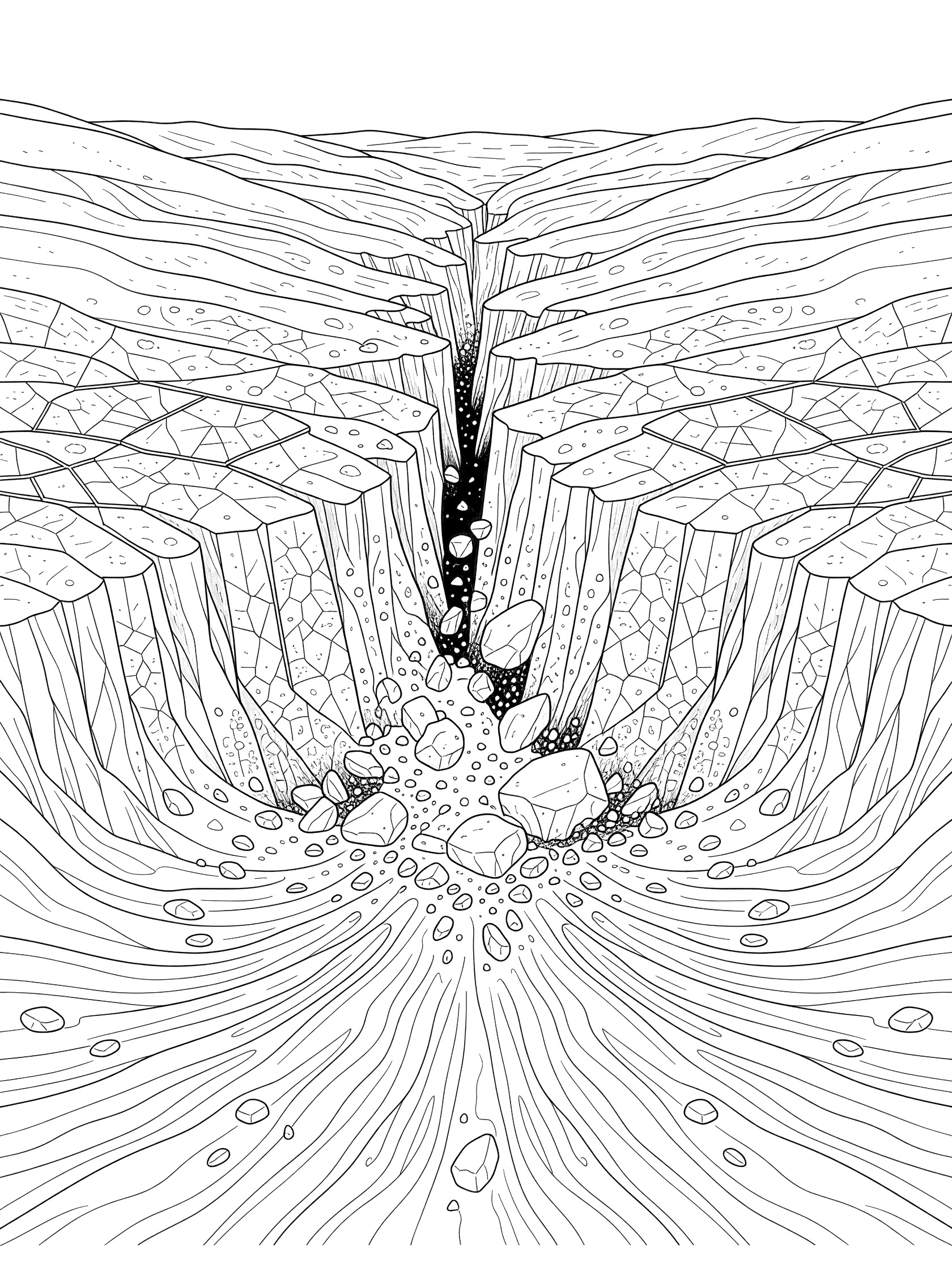 Black and white line art coloring page showing a symmetrical deep canyon crack with jagged rock walls, falling rocks and pebbles into a dark void, and wavy patterns radiating out. Avalanche themed black and white printable line art