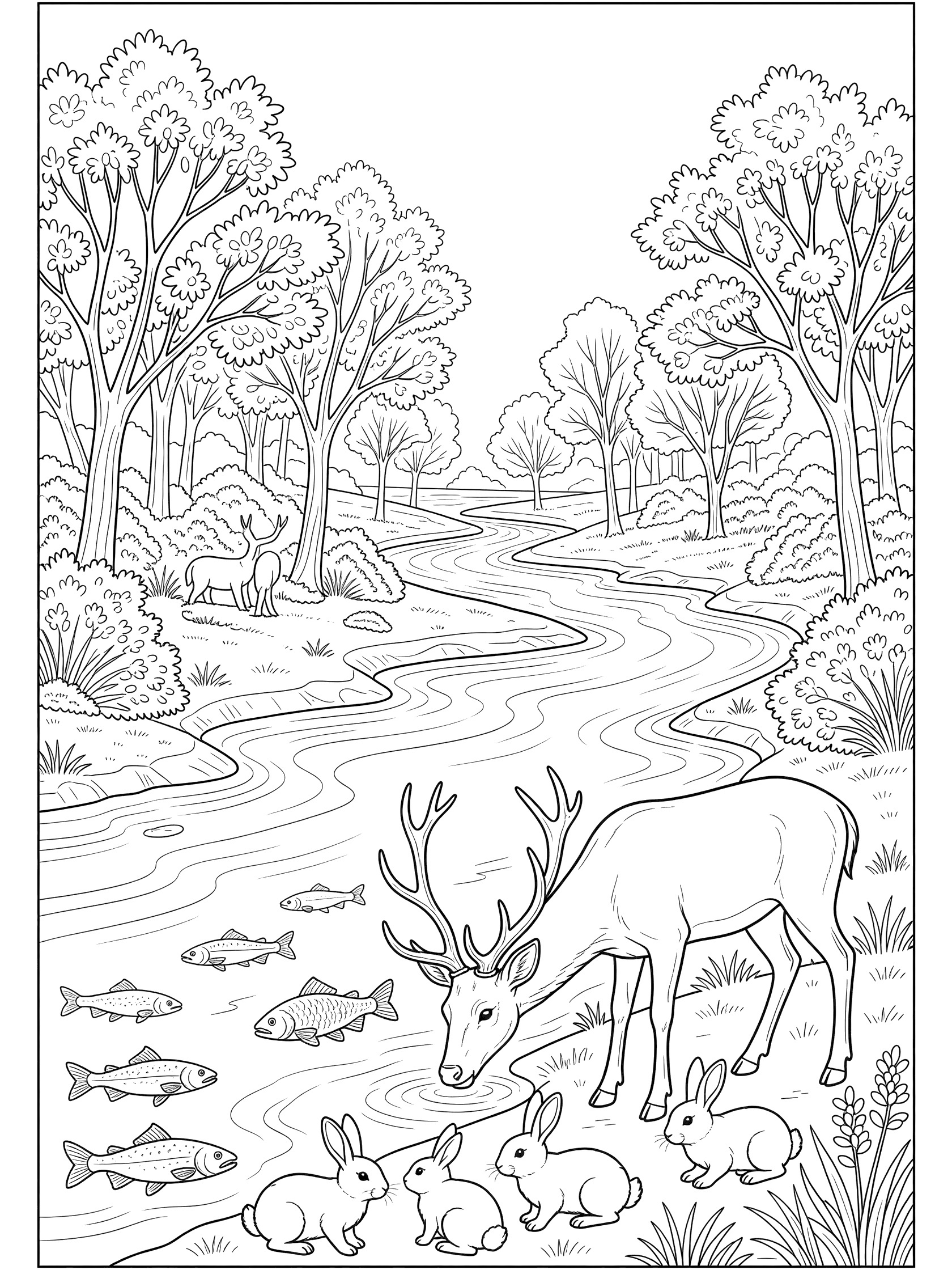 Black and white line art coloring page showing deer with antlers and a family of bunnies drinking water from a winding forest stream with trees, bushes, rocks, and swimming fish. Euphrates River themed black and white printable line art