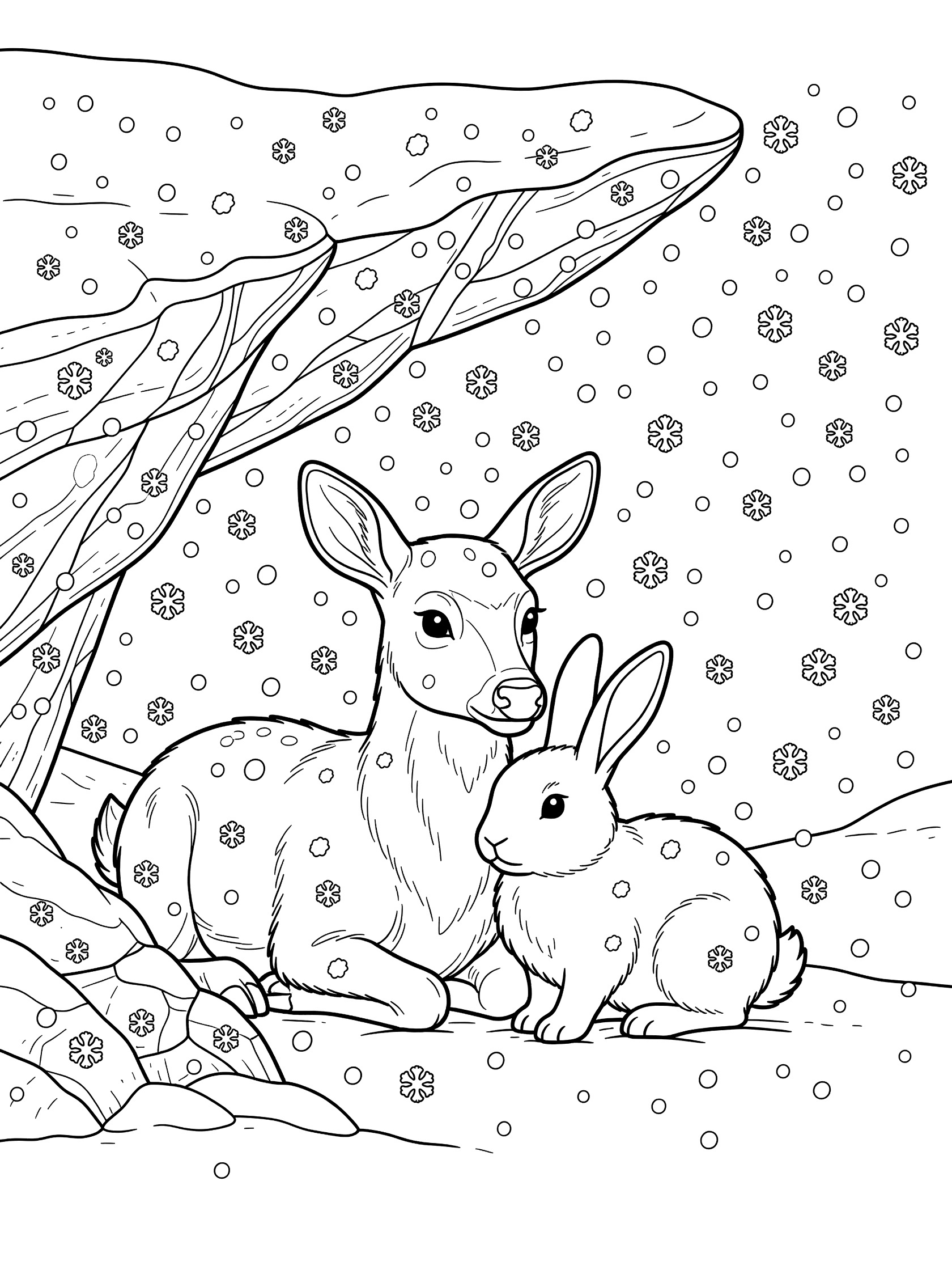 Black and white coloring page showing a deer and rabbit huddled together under a rocky shelter as snow falls around them. Blizzard themed black and white printable line art