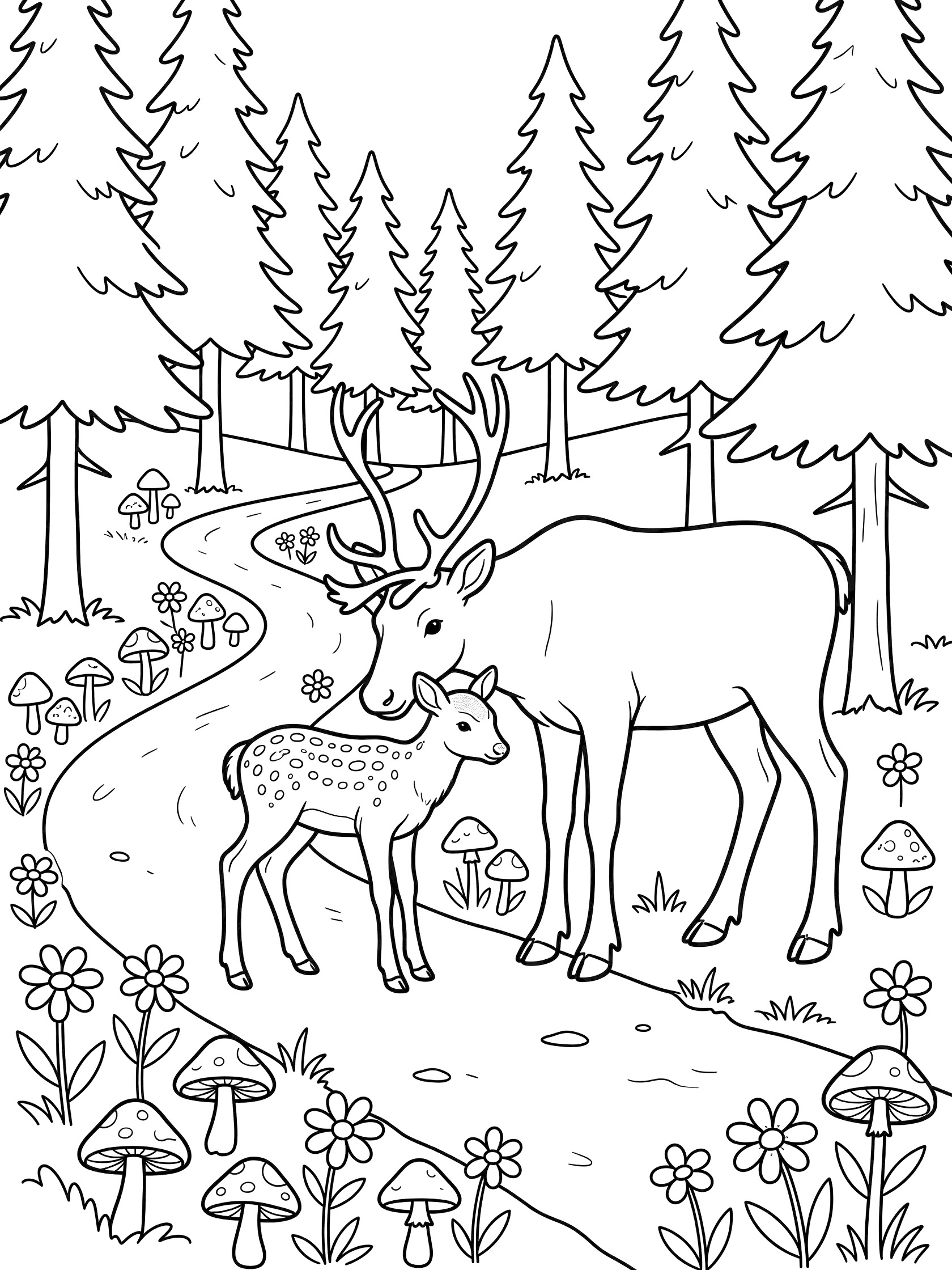Black and white line art of a mother deer nuzzling her spotted fawn beside a winding forest path lined with pine trees, mushrooms, and wildflowers. Caribou themed black and white printable line art
