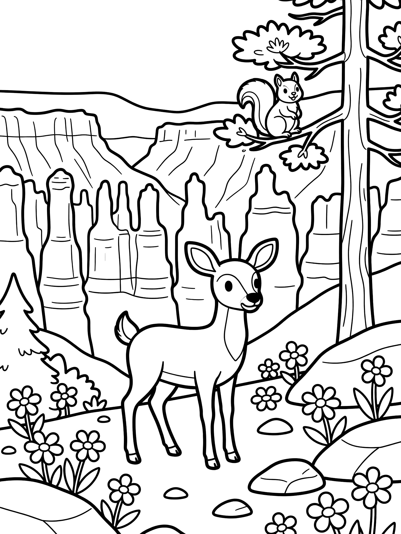 Black and white coloring page of a friendly deer near canyon rocks and wildflowers, with a squirrel peeking from a pine tree branch and canyon hoodoos in the background. Bryce Canyon themed black and white printable line art