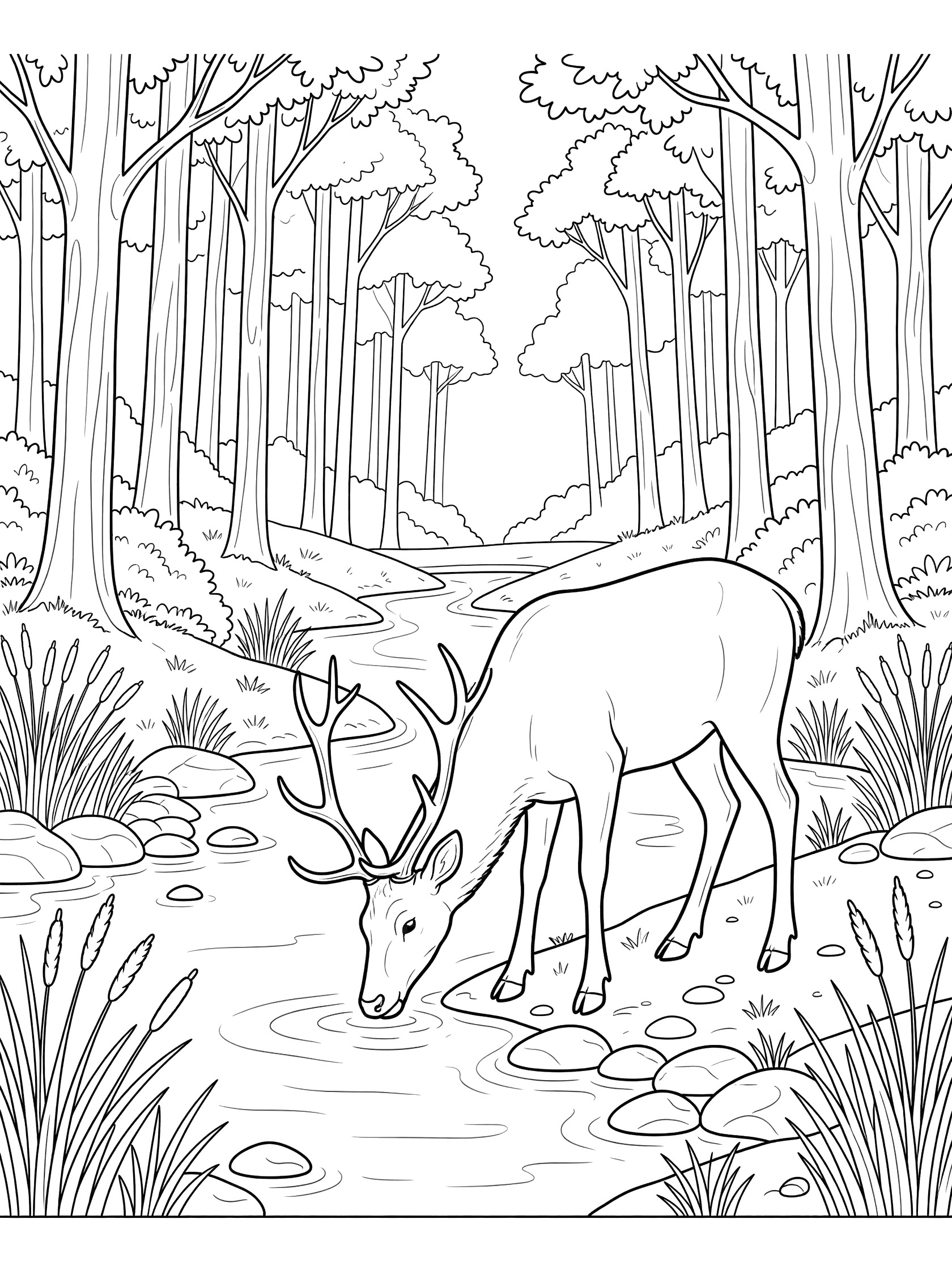 Black and white line art coloring page of a deer bending to drink from a stream surrounded by pebbles, reeds, rocks, and tall forest trees. Elk themed black and white printable line art