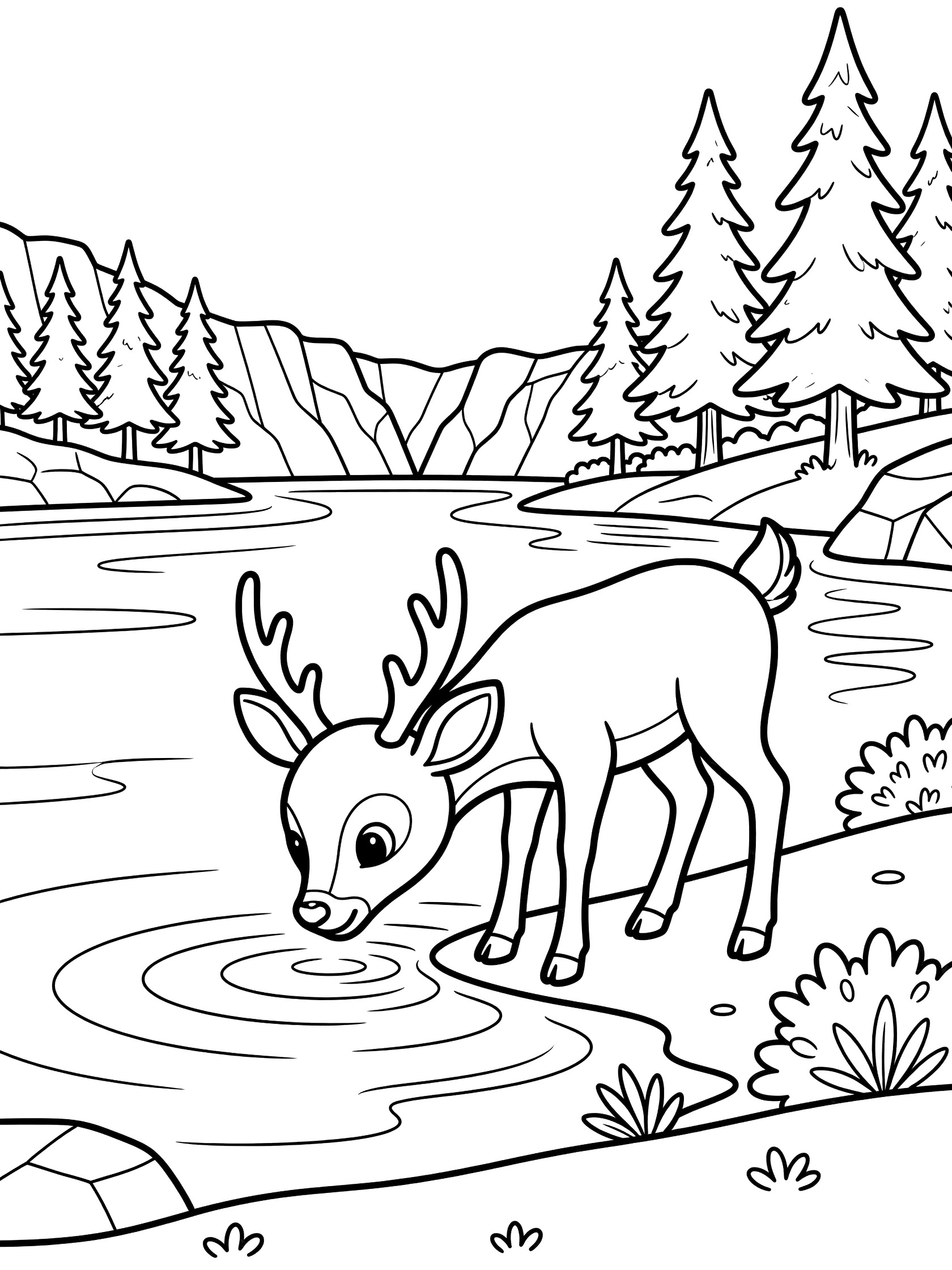 Black and white line art coloring page showing a deer bending down to drink from a lake shore, surrounded by pine trees, bushes, rocks, and distant cliffs. Crater Lake themed black and white printable line art