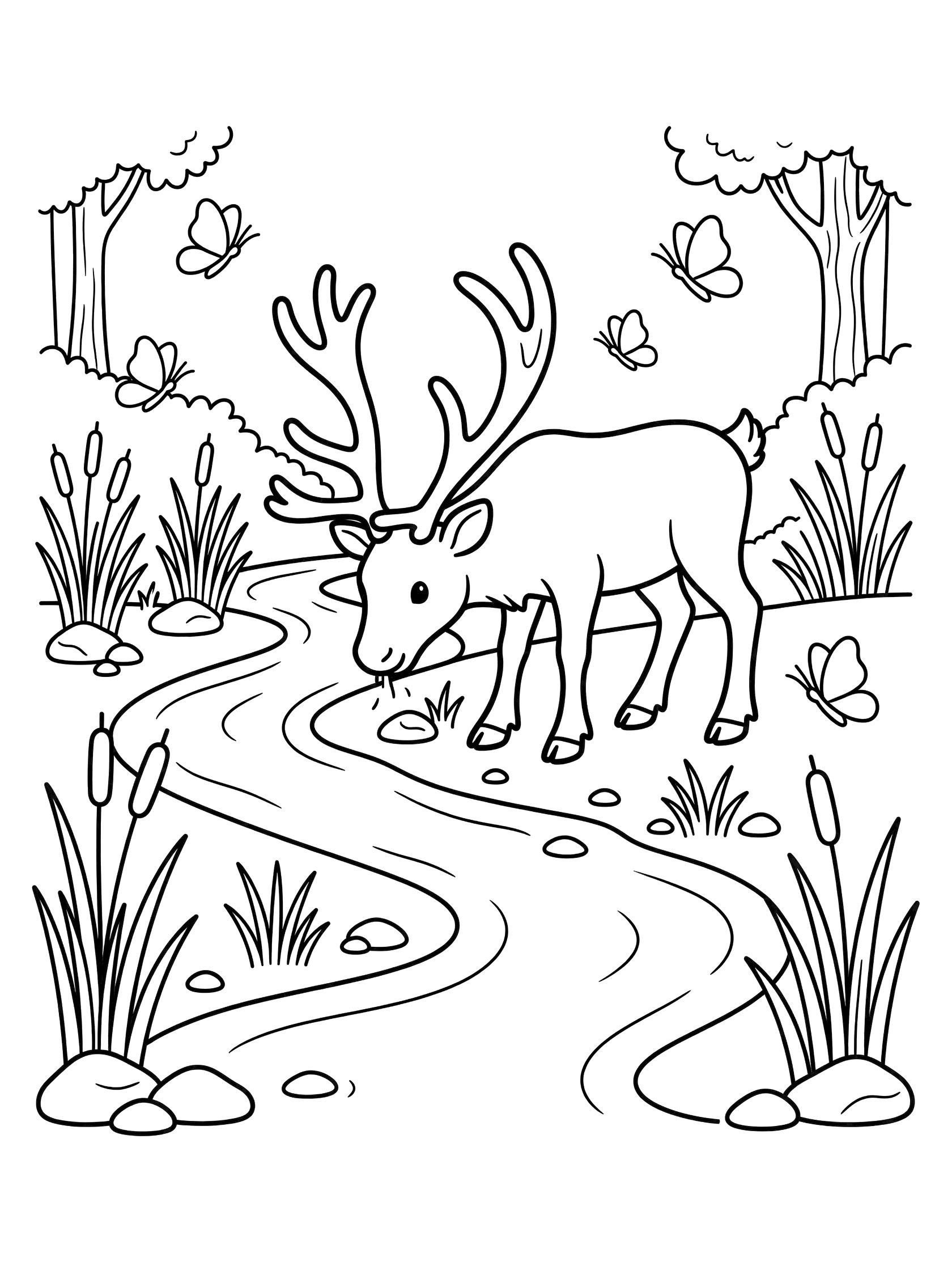 Black and white line art coloring page showing a deer with antlers drinking from a winding stream surrounded by reeds, pebbles, trees, and butterflies. Caribou themed black and white printable line art