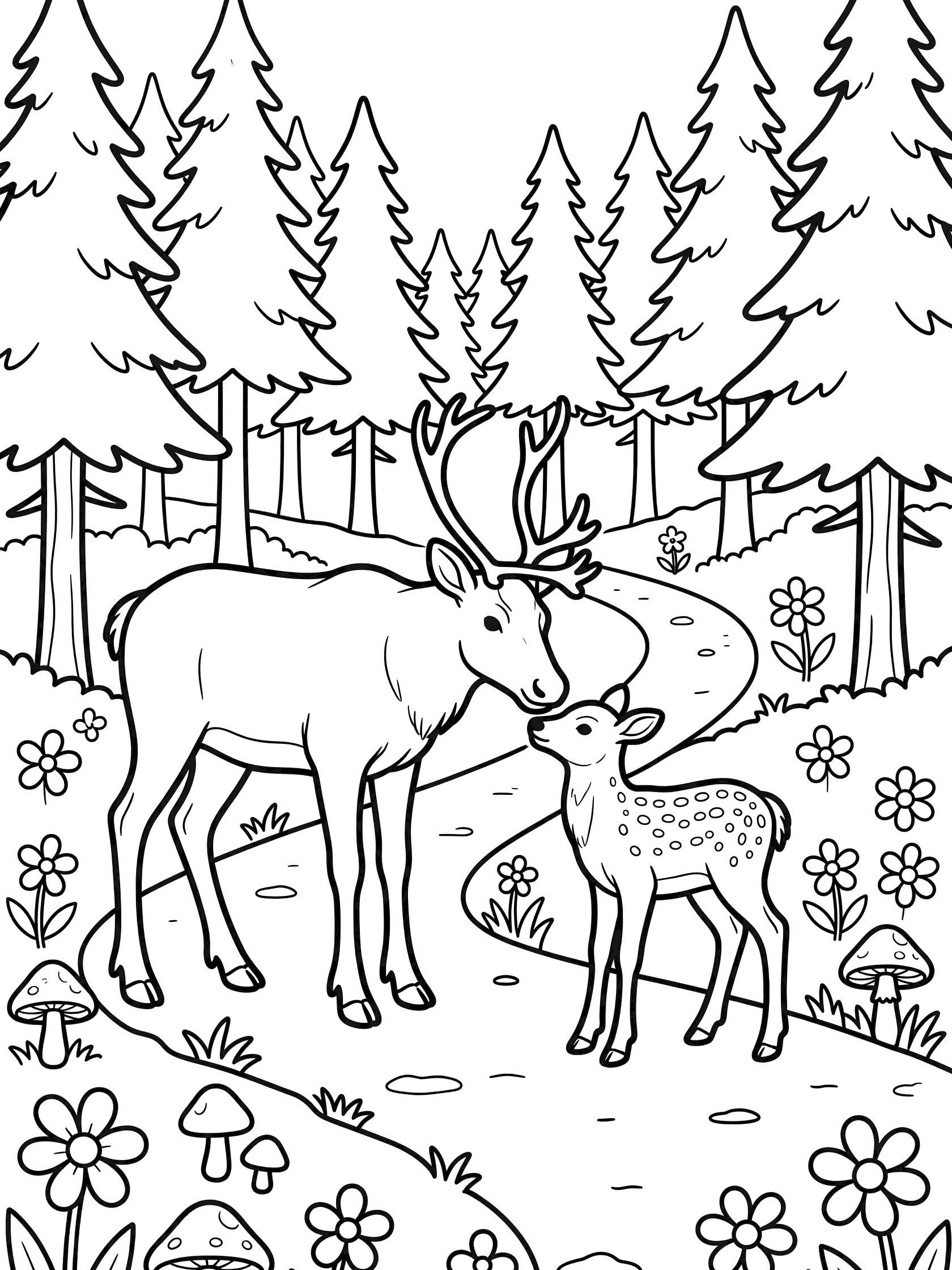 Black and white line art coloring page of a large deer with antlers nuzzling a small spotted fawn beside a winding path in a forest with pine trees, mushrooms, and flowers. Caribou themed black and white printable line art
