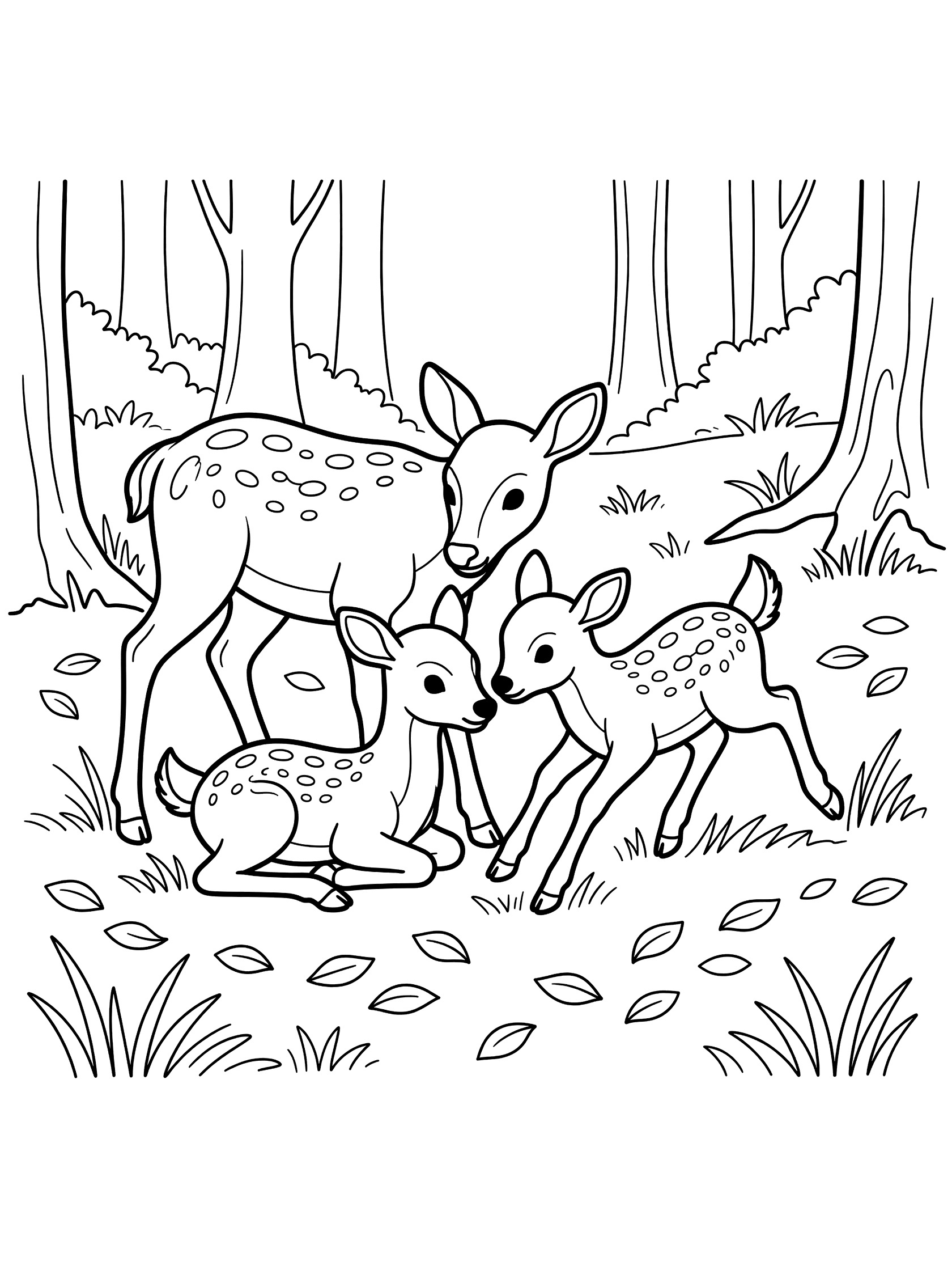 Black and white line drawing of a mother deer nuzzling two playful fawns in a forest glade with trees, grass and scattered leaves.