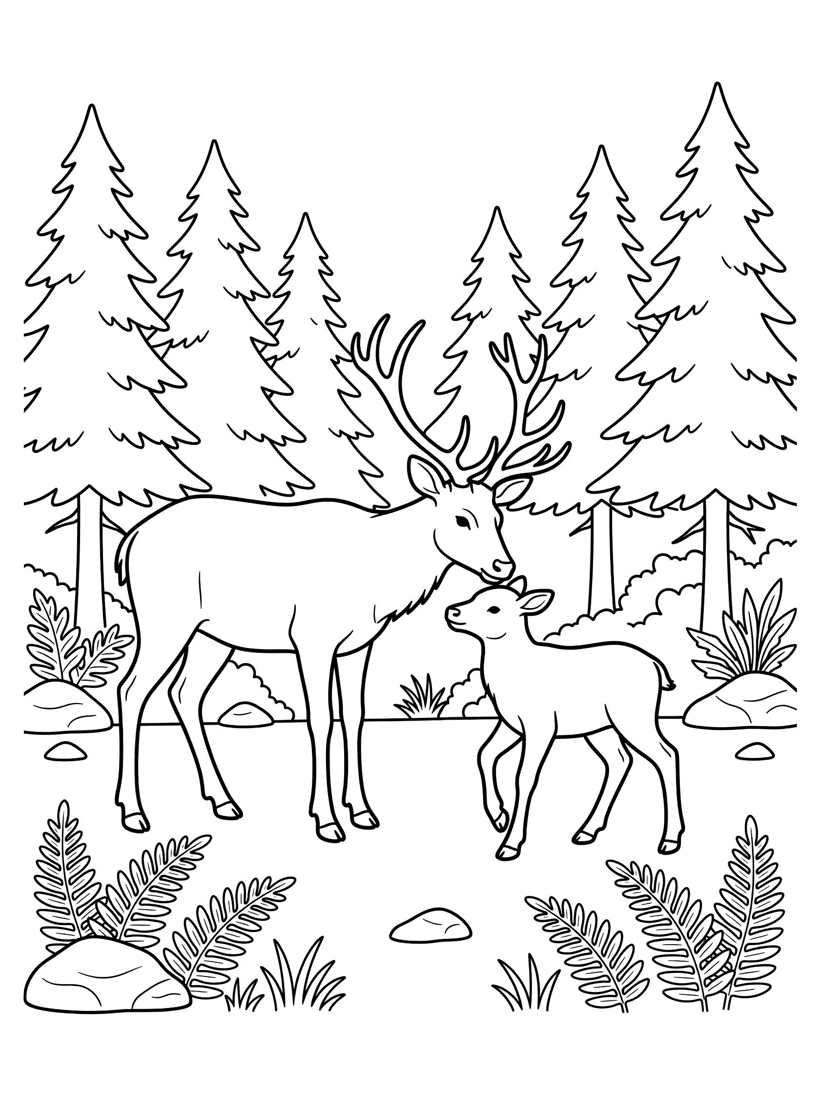 Black and white line art coloring page showing a mother deer nuzzling her spotted fawn beside pine trees, ferns and rocks on forest ground. Elk themed black and white printable line art