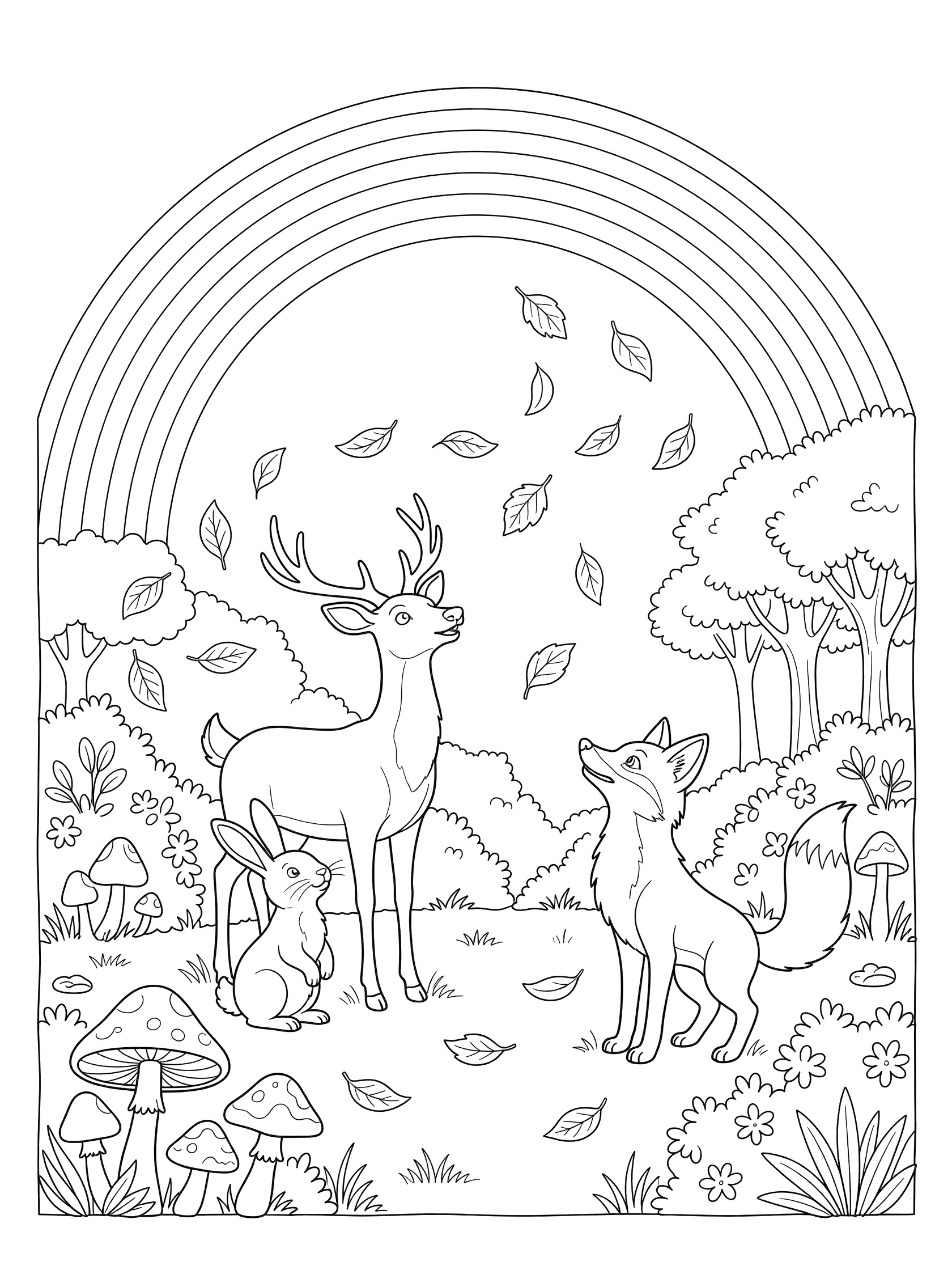 Black and white line art coloring page showing a rainbow arch over a forest clearing with a deer, fox, and rabbit gazing up, surrounded by mushrooms, bushes, trees, and swirling leaves.