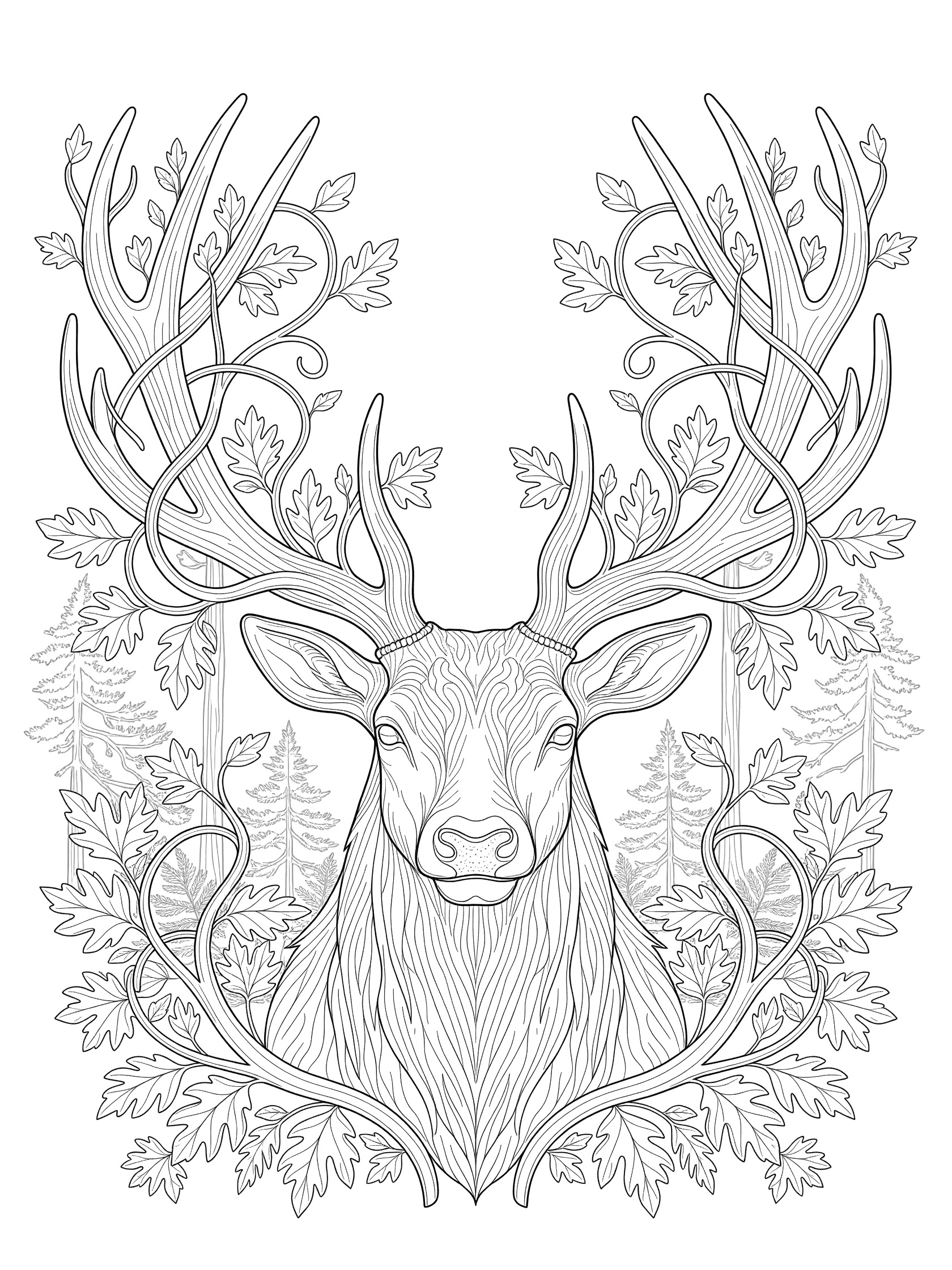 Black and white line art coloring page of a symmetrical deer head with intricate antlers intertwined with oak leaves, vines, and subtle forest trees in the background. Elk themed black and white printable line art