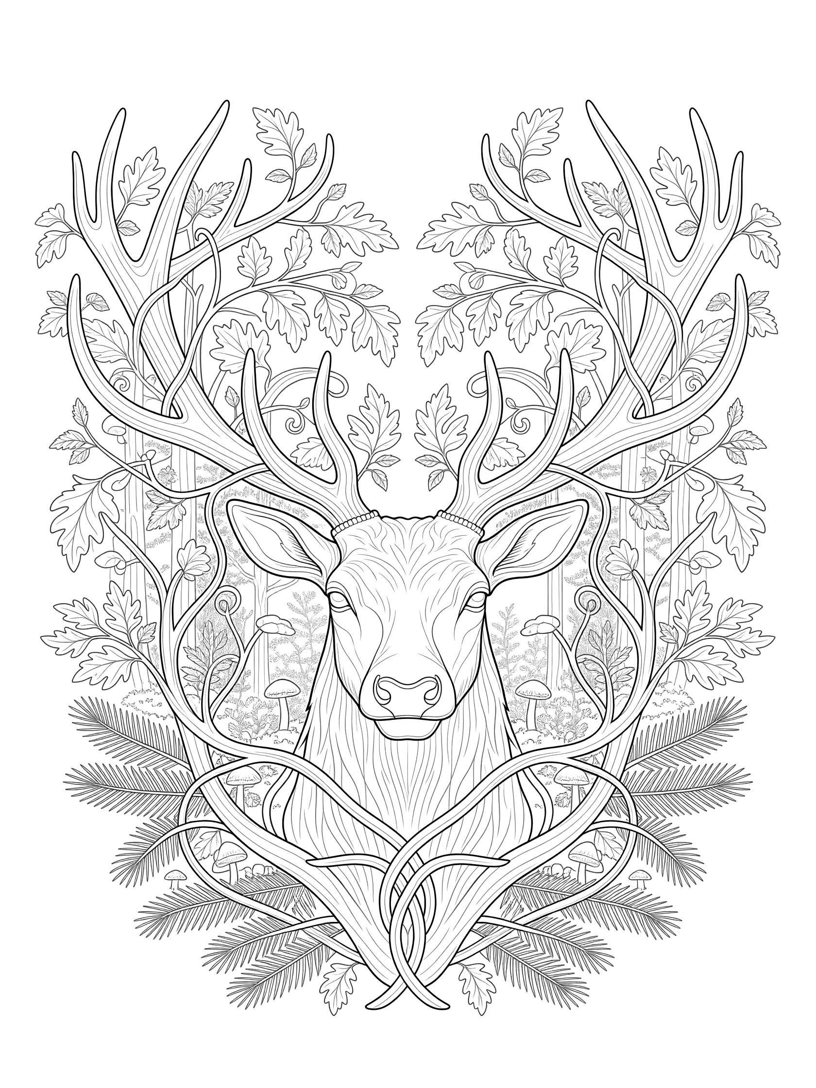 Black and white line art coloring page showing a deer's head with intricate antlers intertwined with leaves, vines, and forest branches in a symmetrical design. Elk themed black and white printable line art