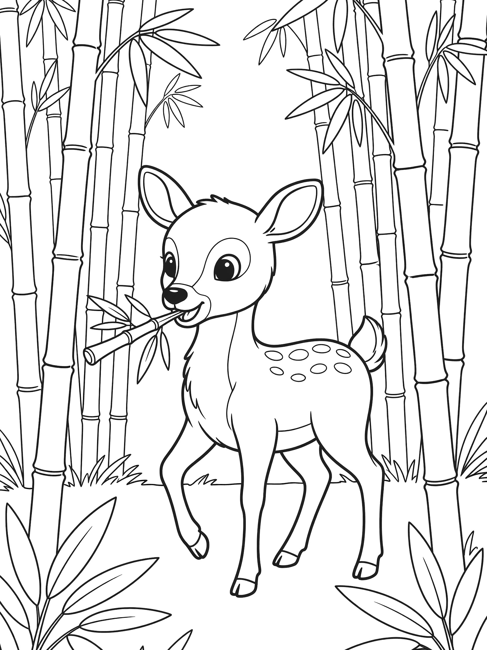 Printable coloring page showing a spotted deer with big eyes holding bamboo in a forest of tall bamboo plants and grass. Bamboo Forests themed black and white printable line art