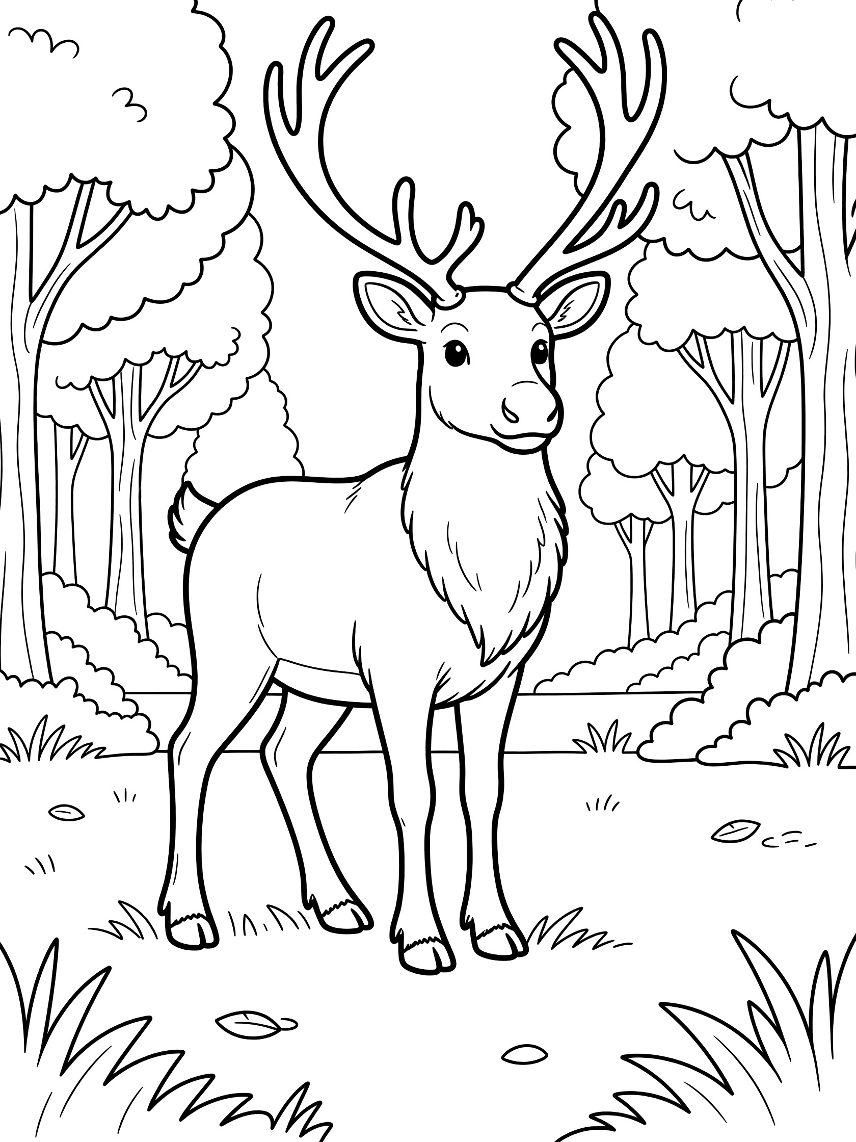 Black and white line art of a deer with big antlers standing in a forest with trees, grass, and bushes. Caribou themed black and white printable line art