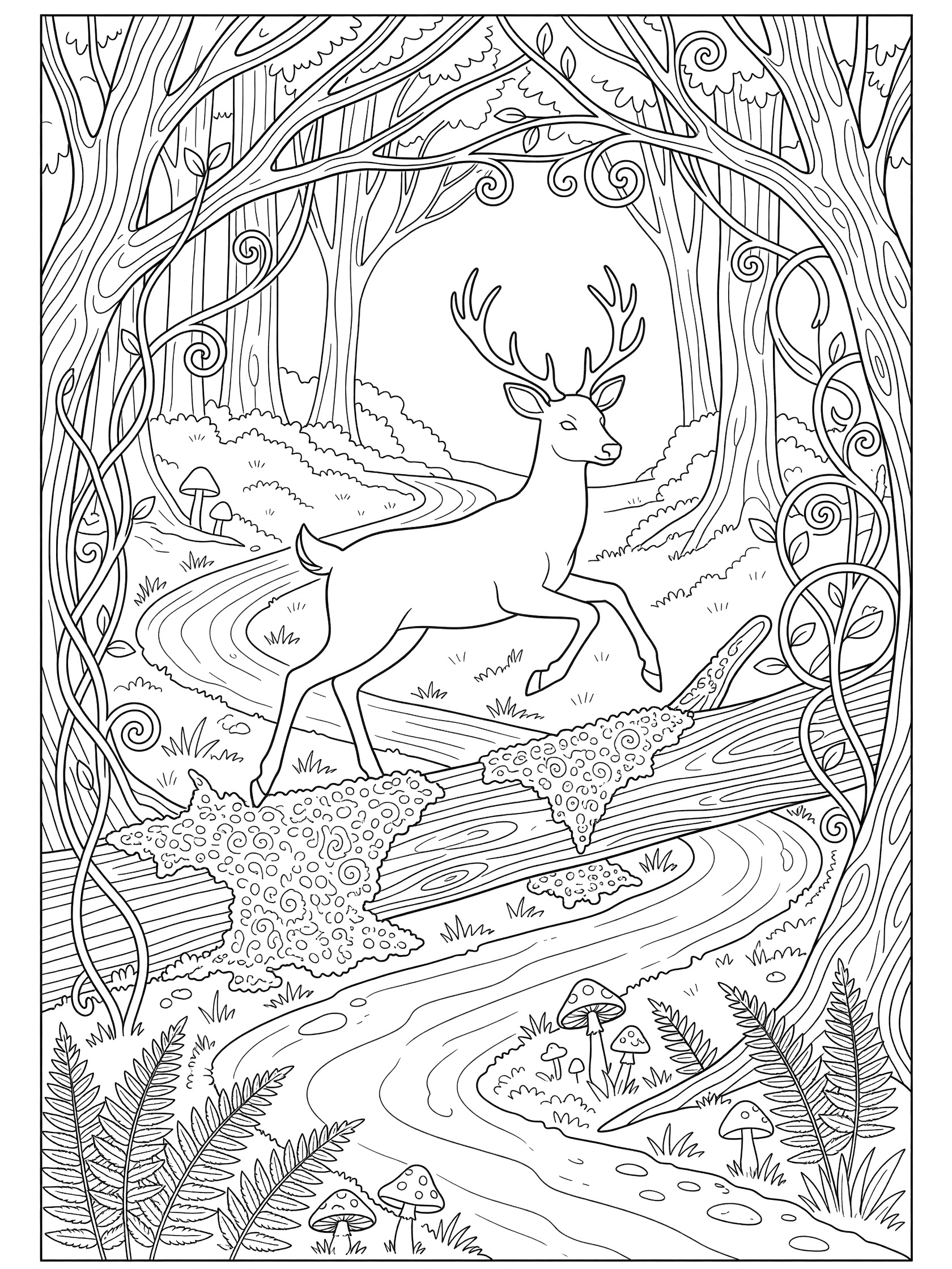 Black and white line art coloring page showing a deer mid-jump over a mossy log on a winding forest trail surrounded by ferns, mushrooms, swirling vines and tree branches.