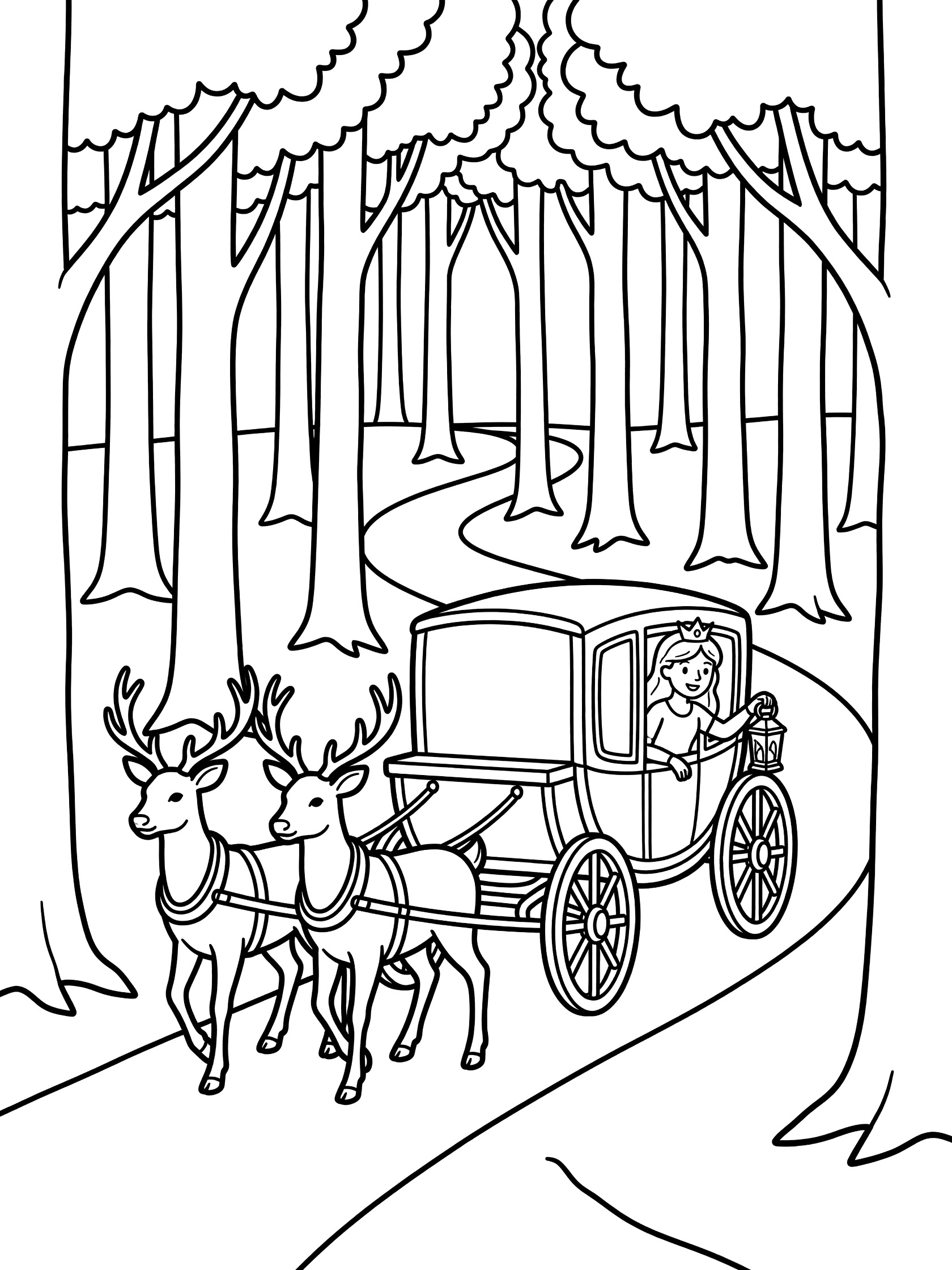 Black and white line art coloring page showing three deer pulling a carriage with a princess holding a lantern on a curvy forest path surrounded by tall trees.