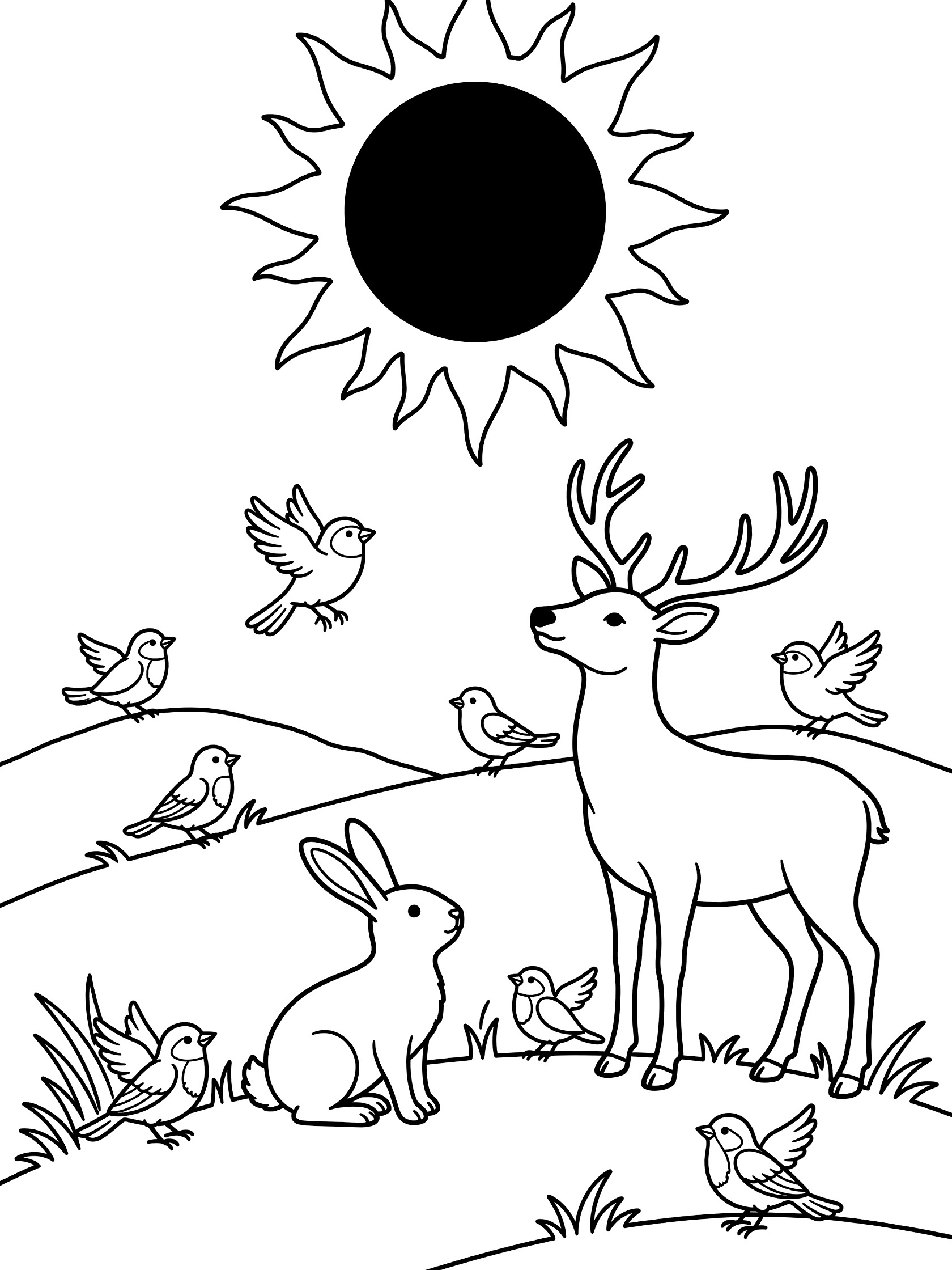 Black and white line art coloring page showing a deer with antlers, rabbit and several birds on a grassy hill gazing at a solar eclipse with black disk and glowing corona rays in the sky.
