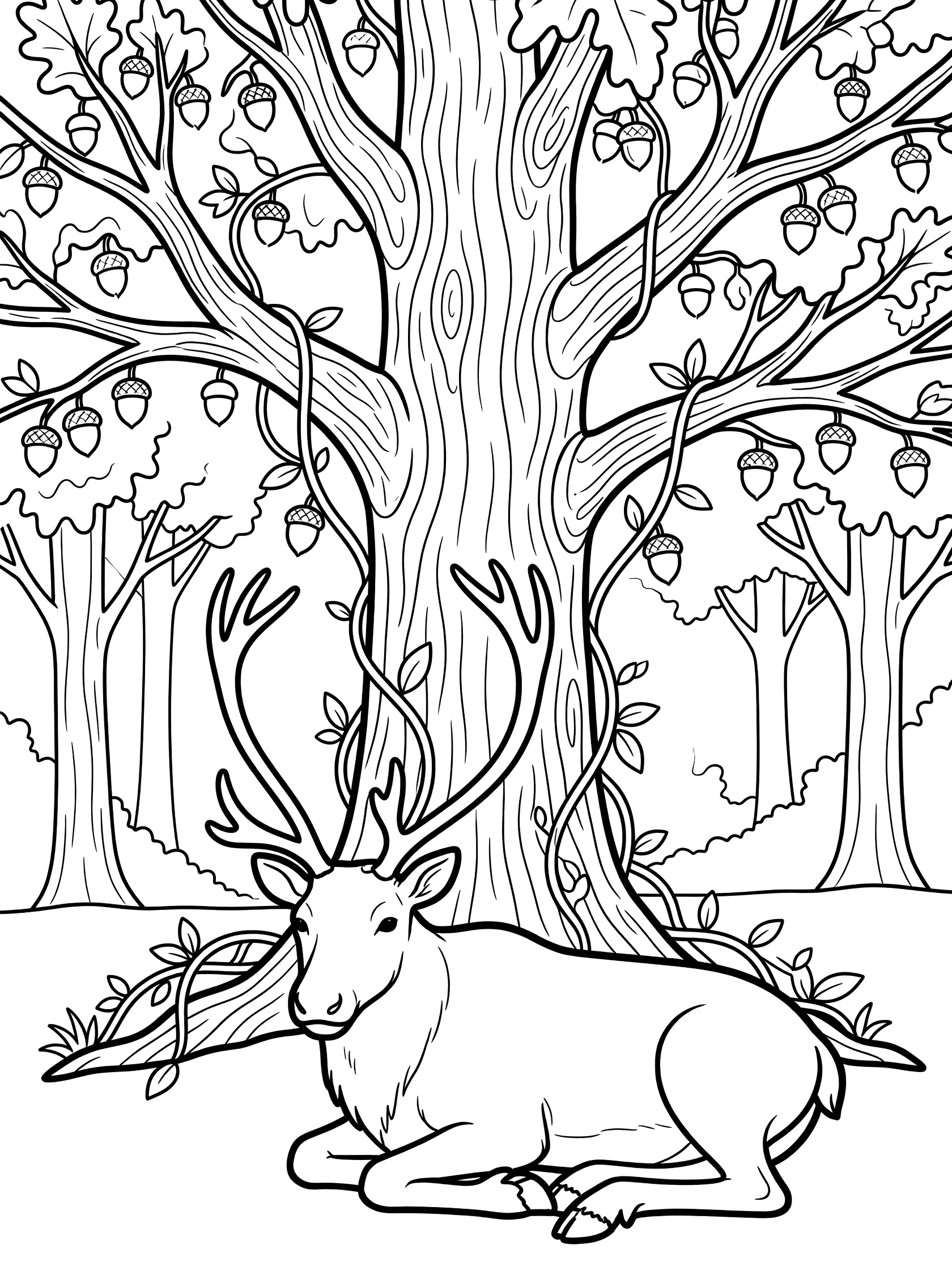 Black and white line art coloring page showing a deer resting under an oak tree with branches, acorns, vines, and forest background. Caribou themed black and white printable line art