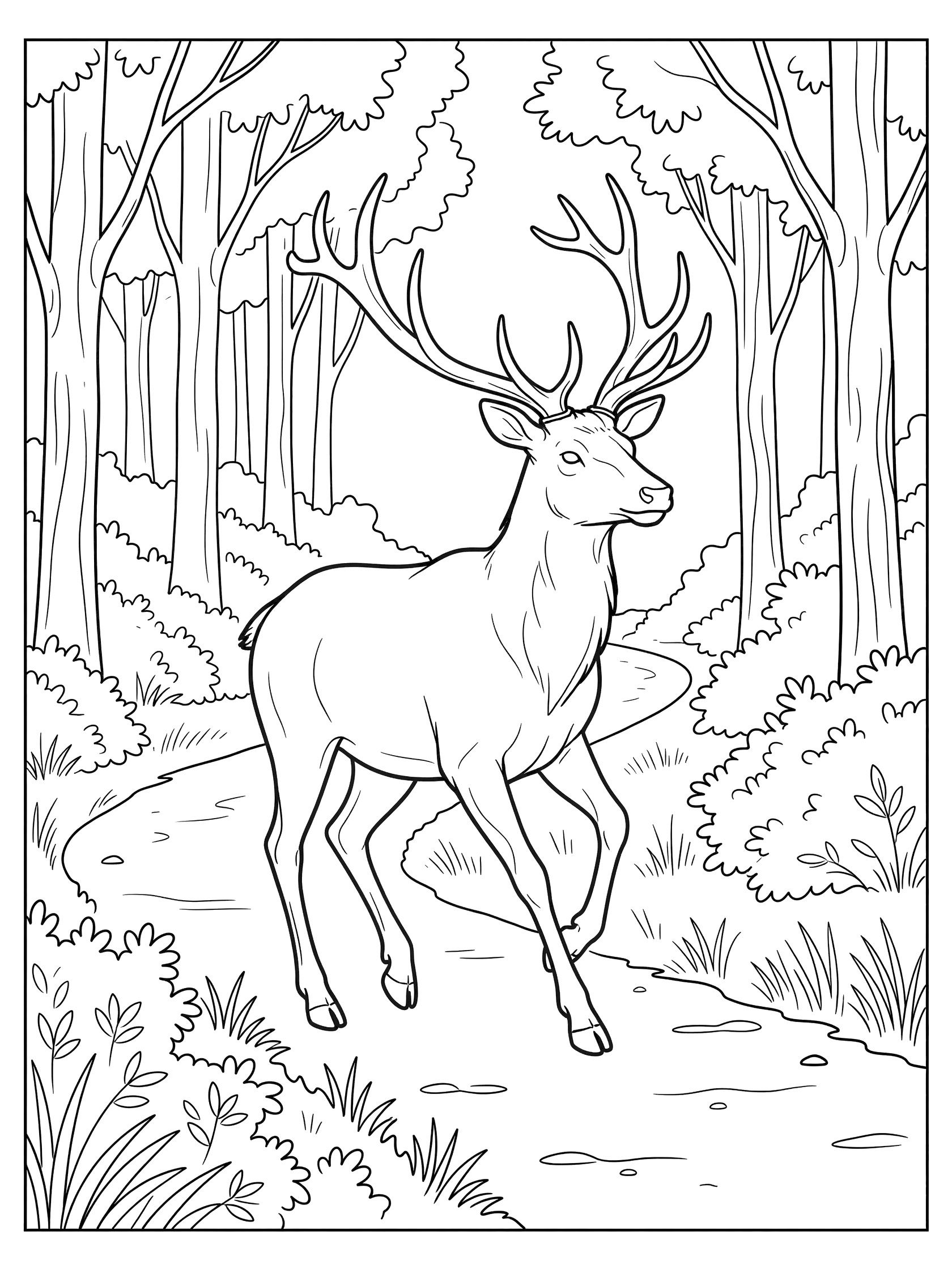 Black and white line art of a deer with large antlers running on a path through a forest with tall trees and bushes on both sides. Elk themed black and white printable line art
