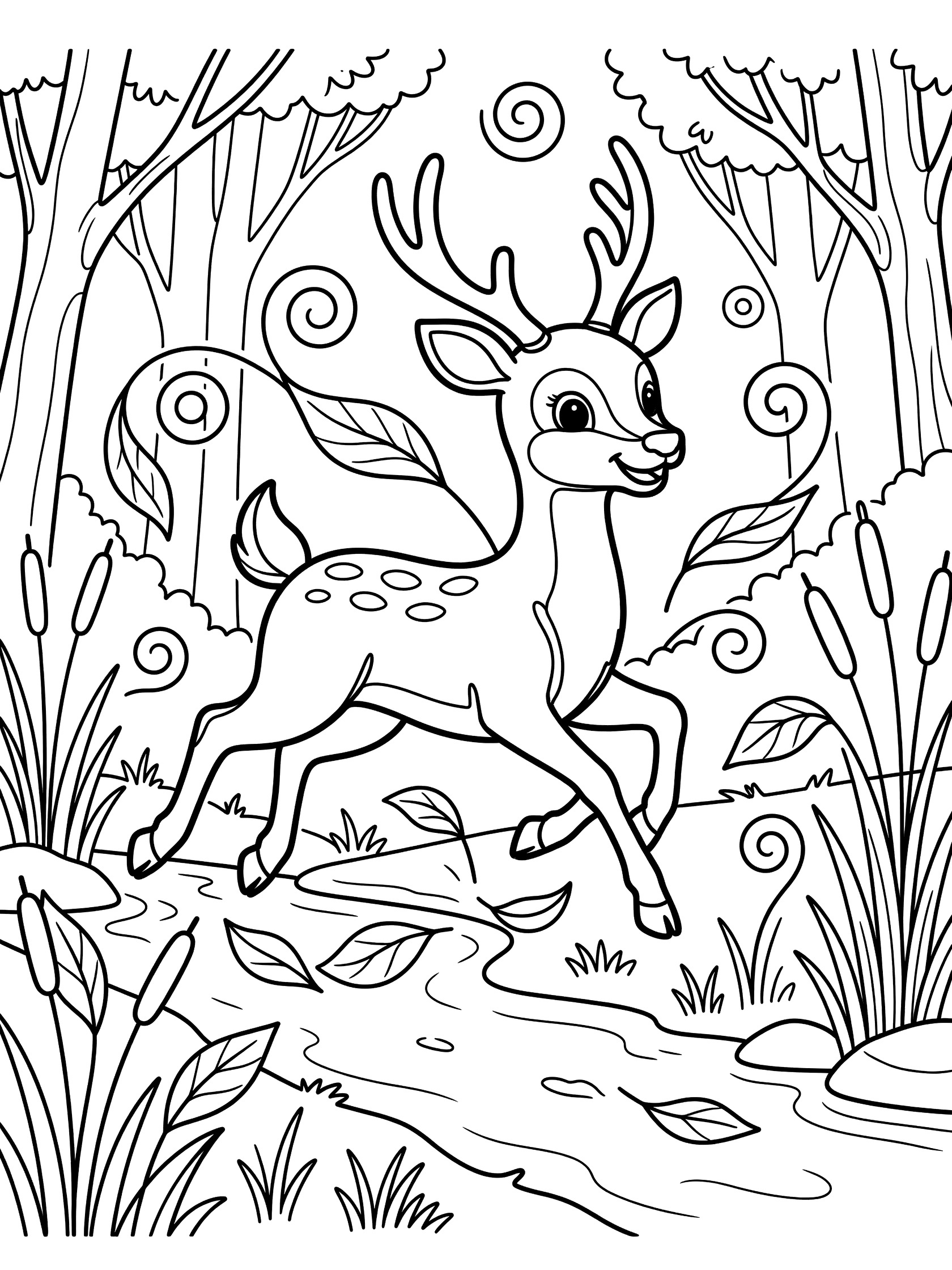 Black and white line art coloring page showing a happy deer with antlers running over a stream in a forest with trees, swirling leaves, reeds, and grass.