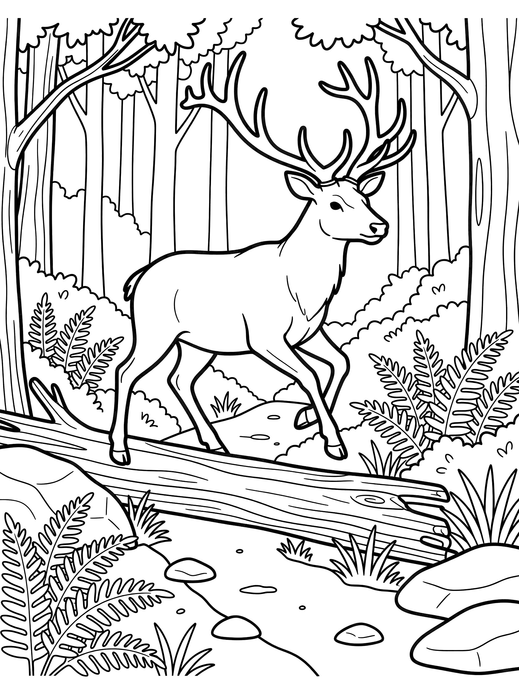 Black and white line art coloring page showing a deer with big antlers standing on a fallen log on a forest path surrounded by trees, ferns, rocks and grass. Elk themed black and white printable line art