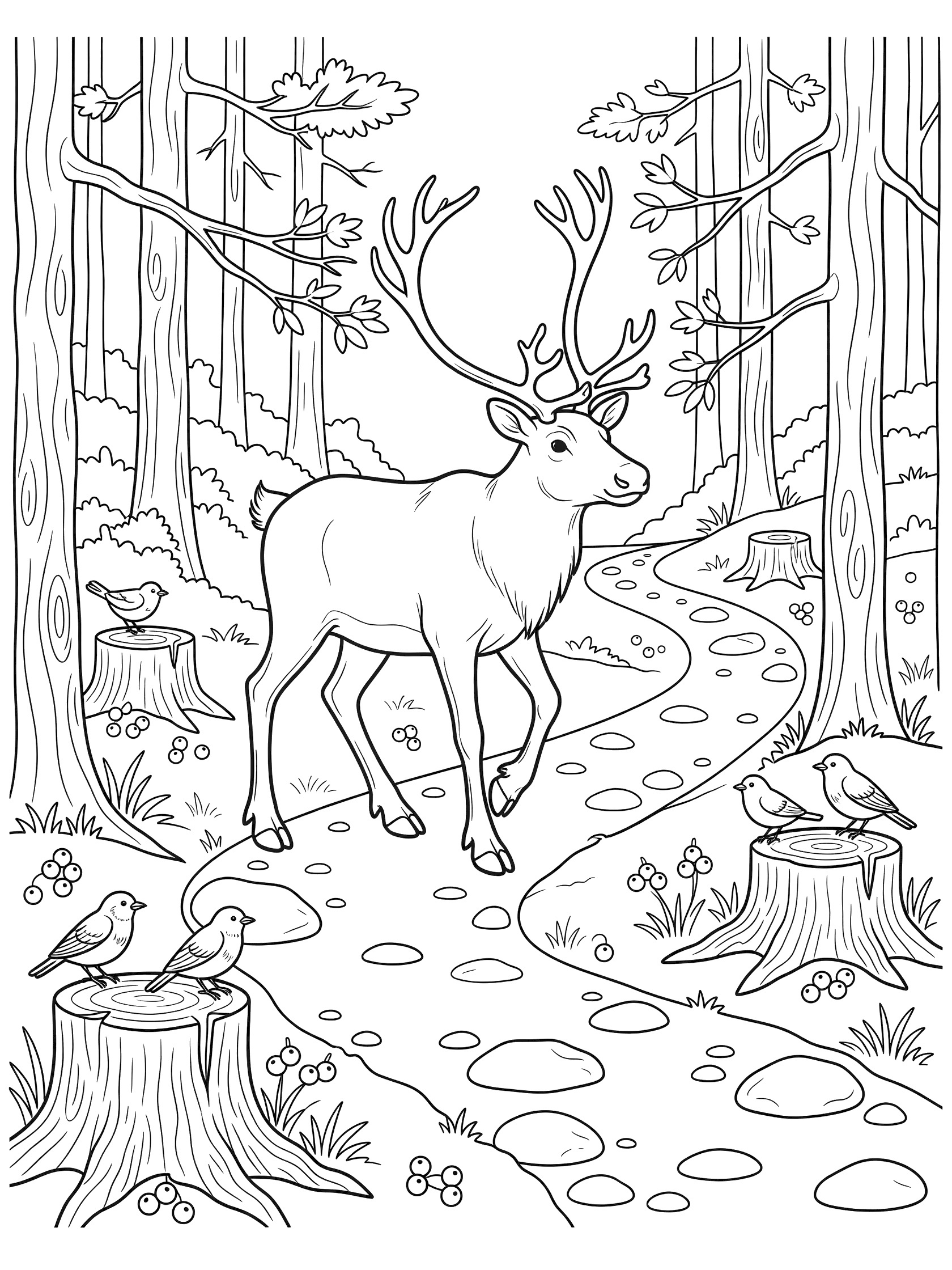 Black and white line art coloring page showing a deer with antlers walking on a winding path in a forest with trees, birds, stumps, stones, and berries. Caribou themed black and white printable line art
