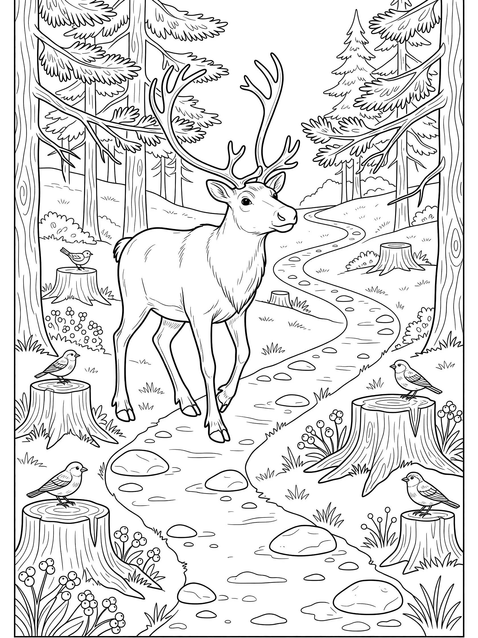 Black and white line art coloring page showing a deer with antlers walking on a curvy path through a forest with pine trees, small birds, tree stumps, bushes, flowers, and stones. Caribou themed black and white printable line art